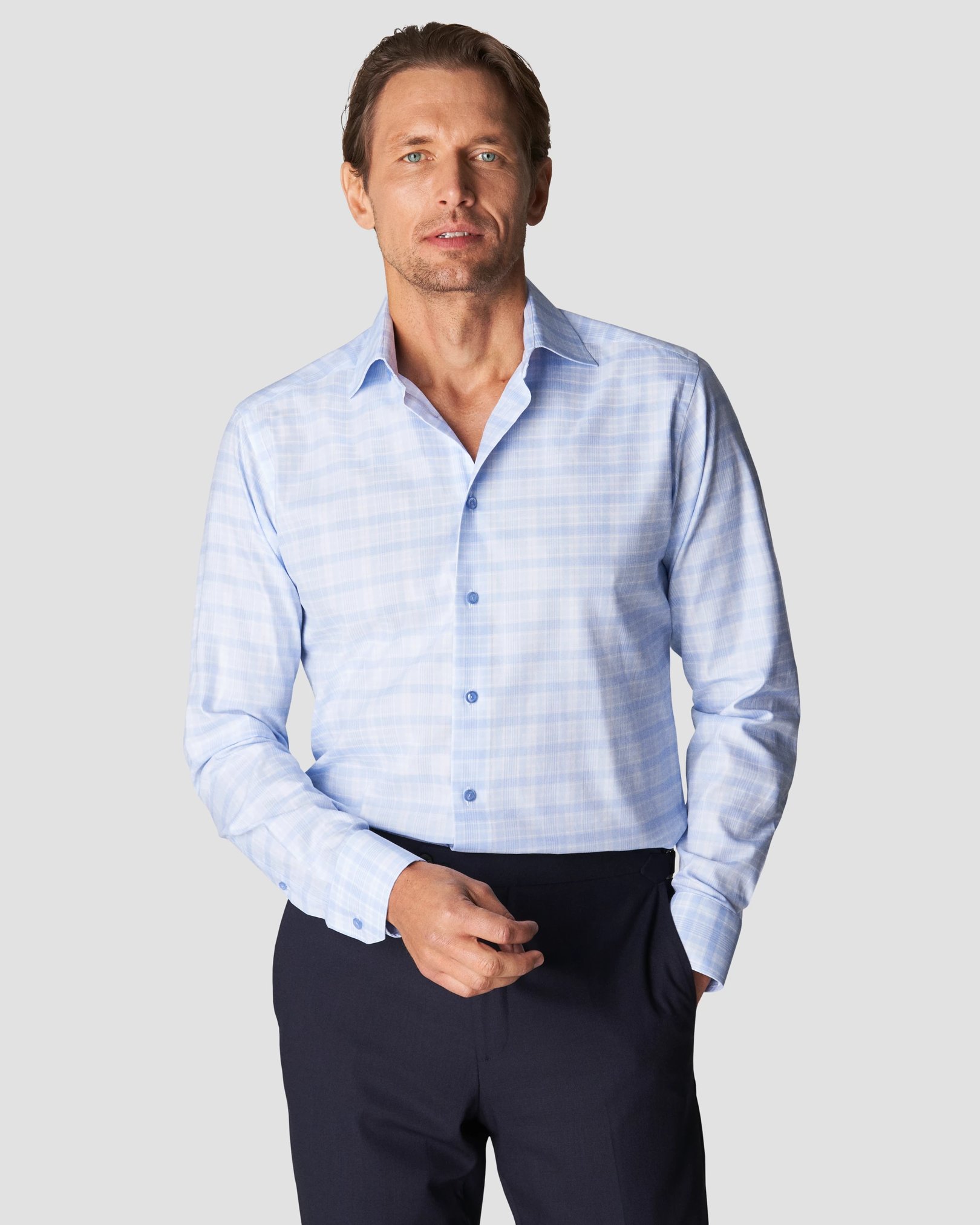 Eton - light blue checked signature twill