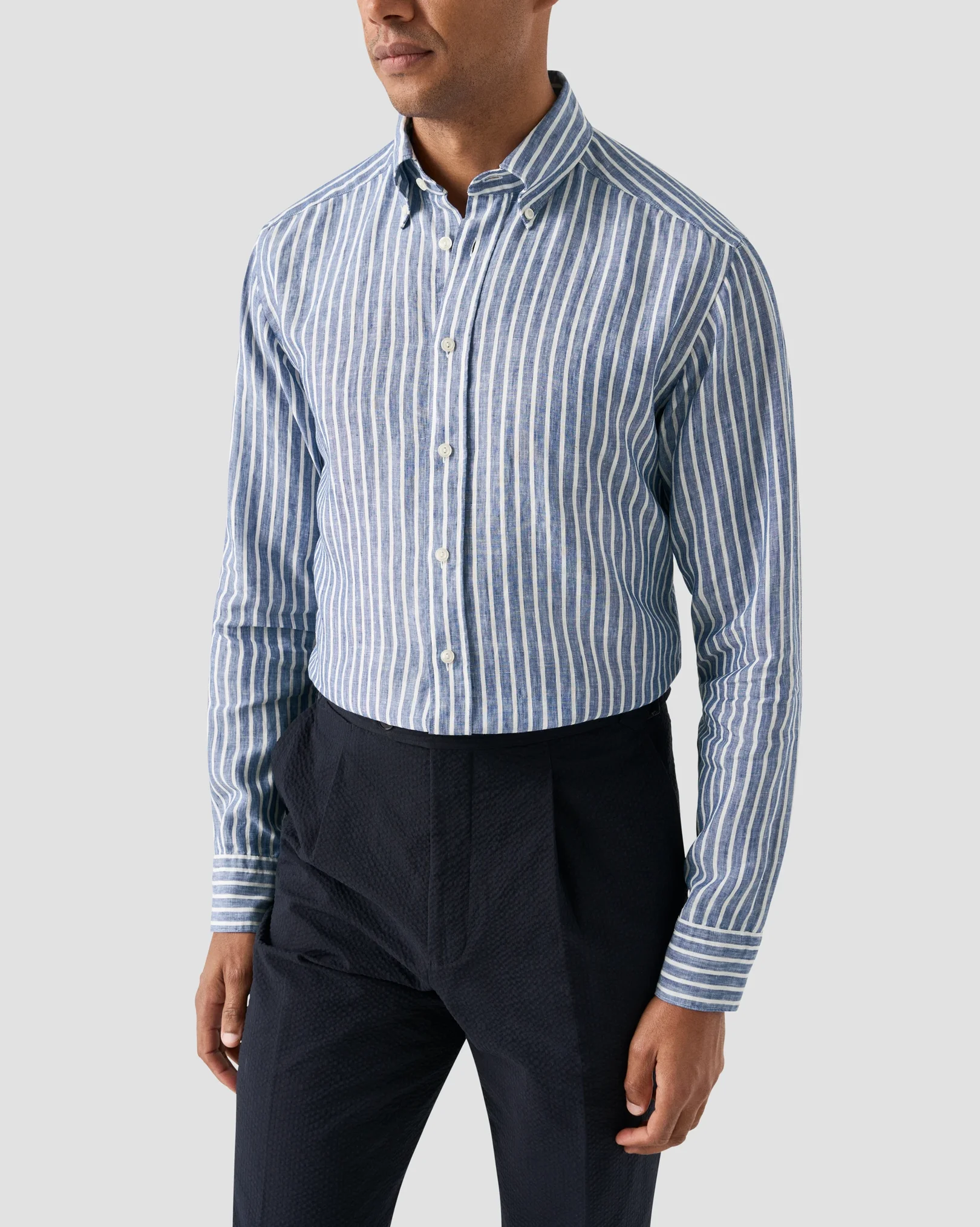 Eton - mid blue striped linen shirt button 251