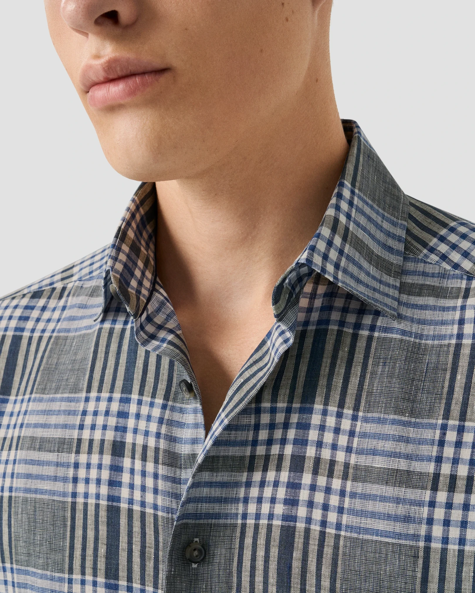 Eton - navy blue bold check linen shirt