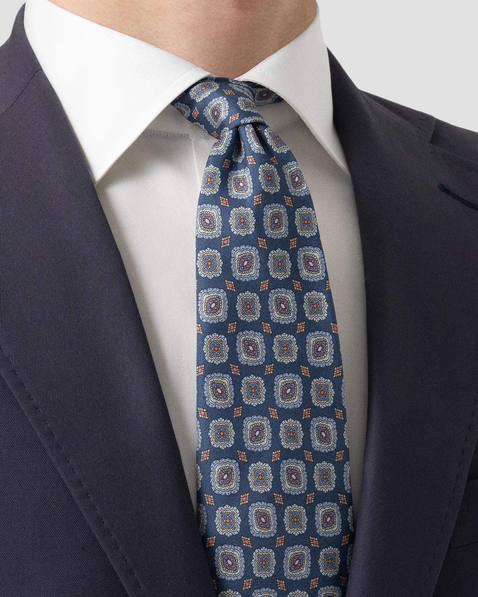 Navy Medallion Print Silk Tie - Eton