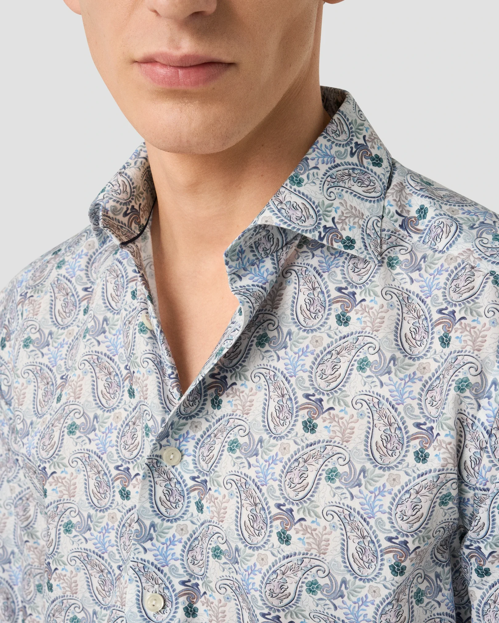 Eton - mid blue motif cotton and tencel tm lyocell shirt