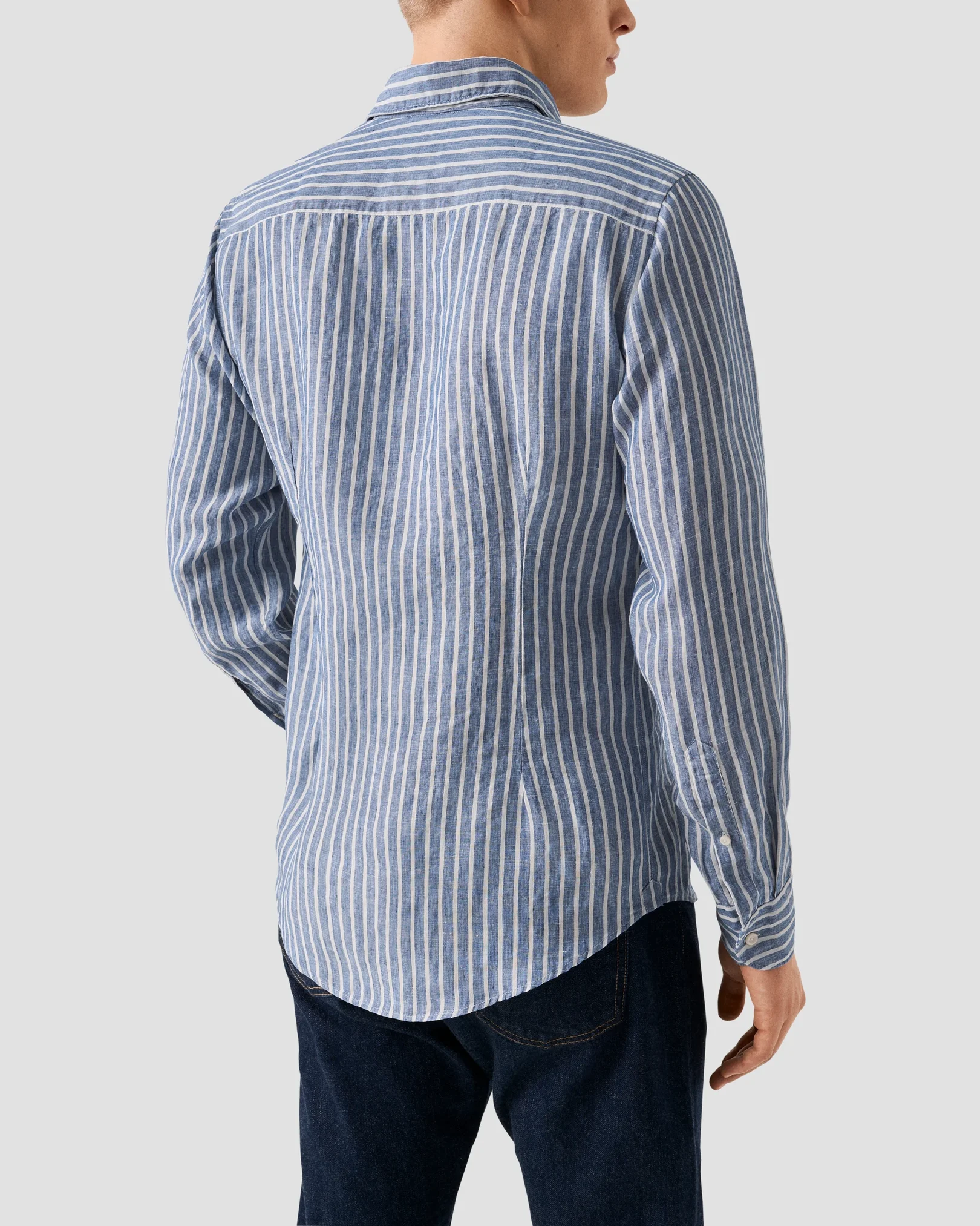 Eton - mid blue striped linen shirt wide spread 251