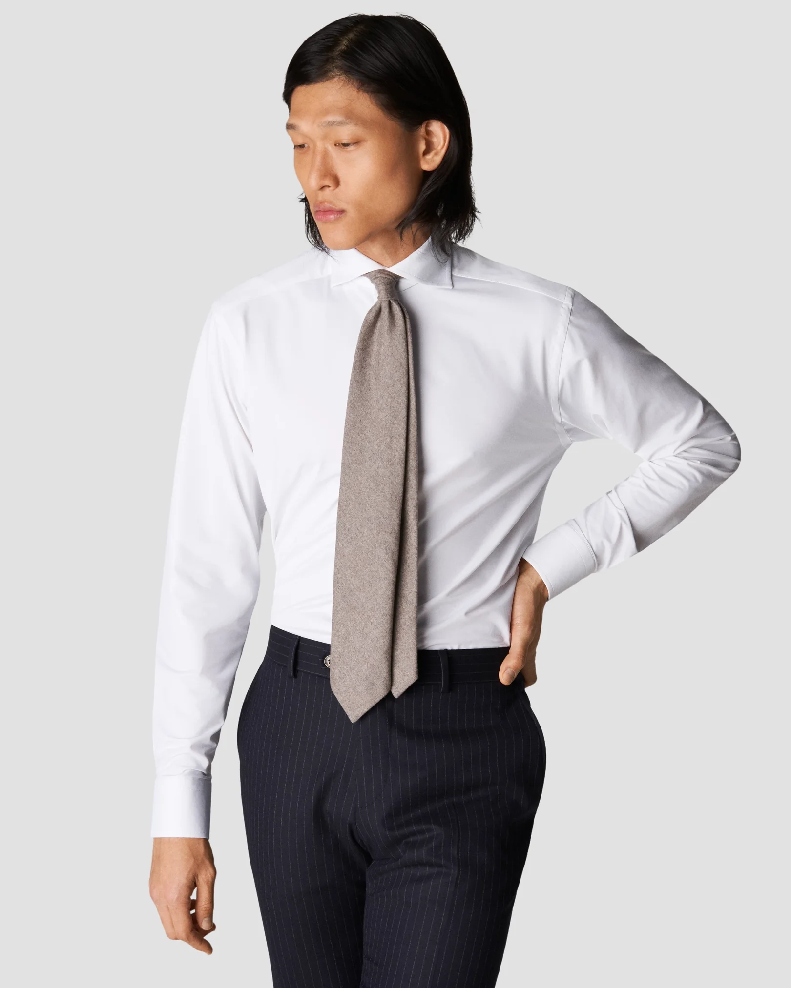 White Poplin Stretch Slim Fit Single Cuff Shirt