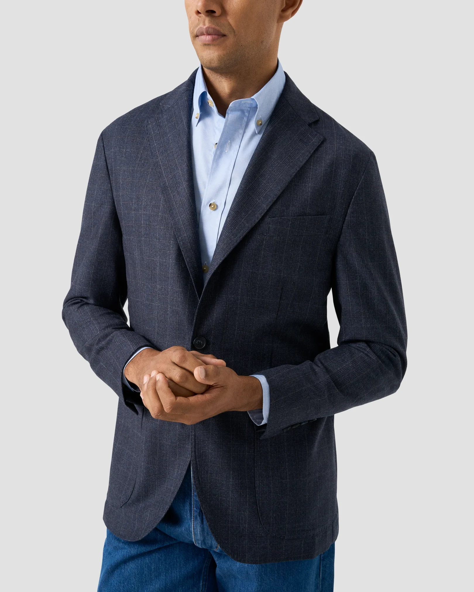 Eton - dark blue solid oxford shirt button down rounded single casual fit