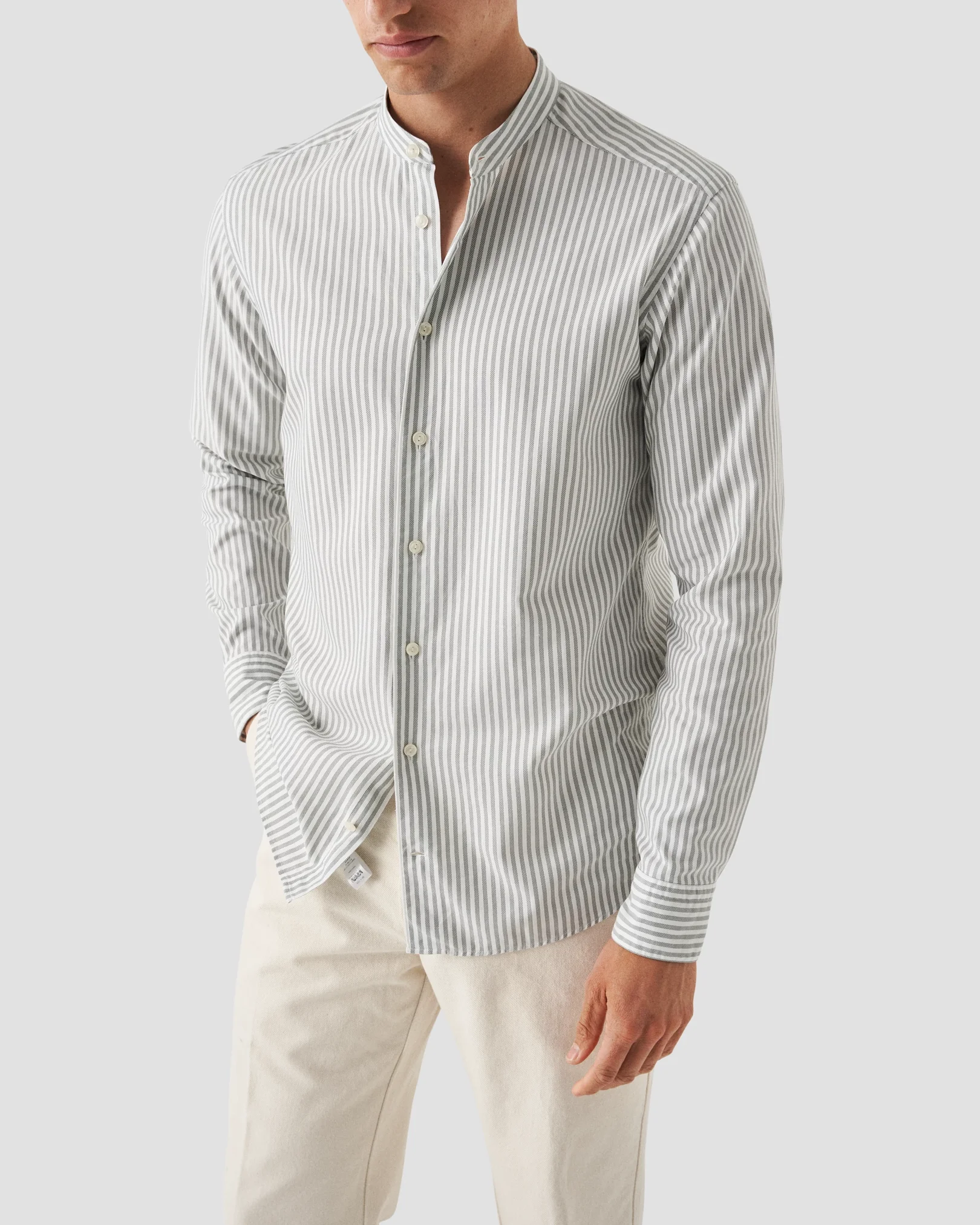 Eton - light grey striped oxford band collar shirt