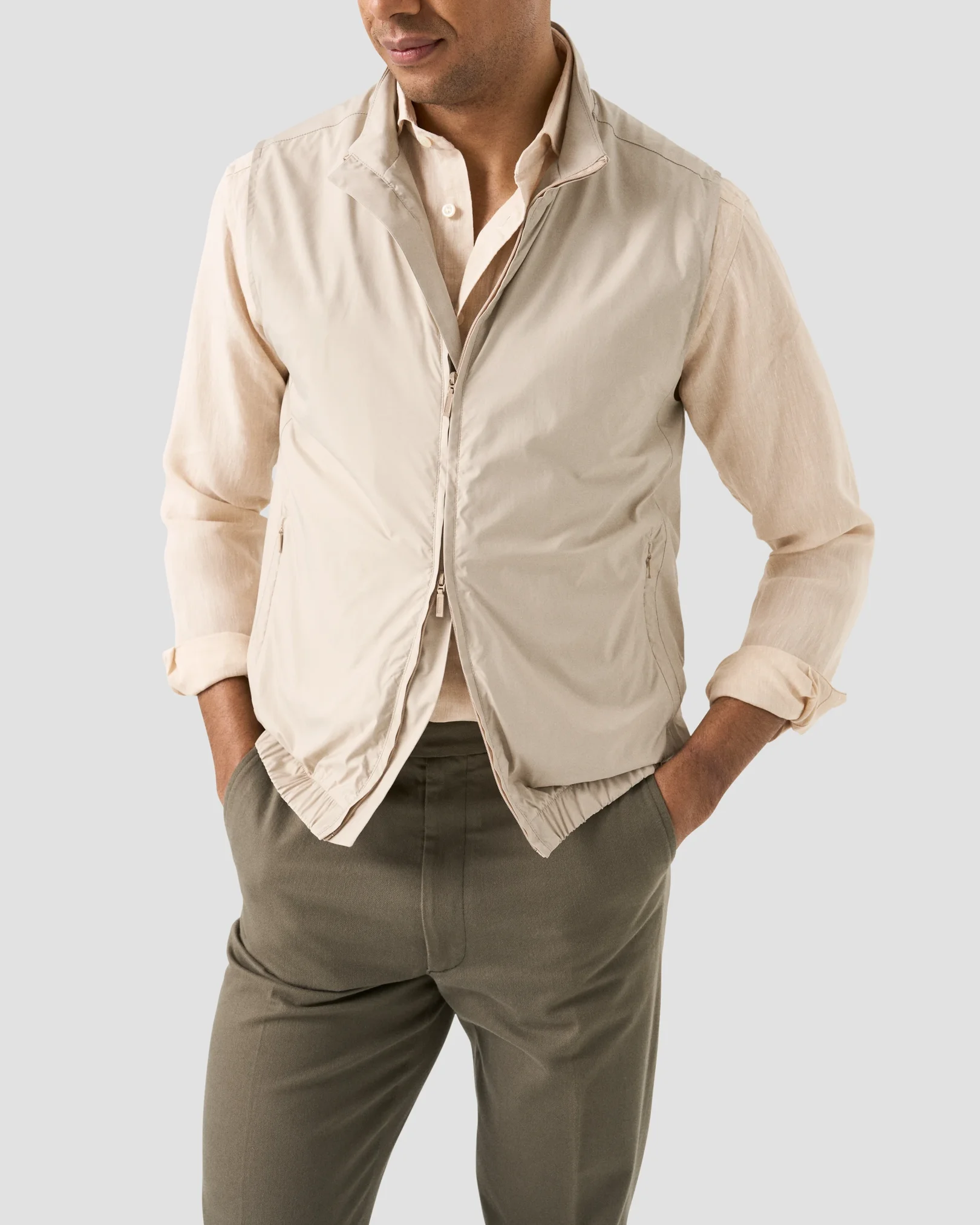 Eton - beige solid plain weave linen shirt