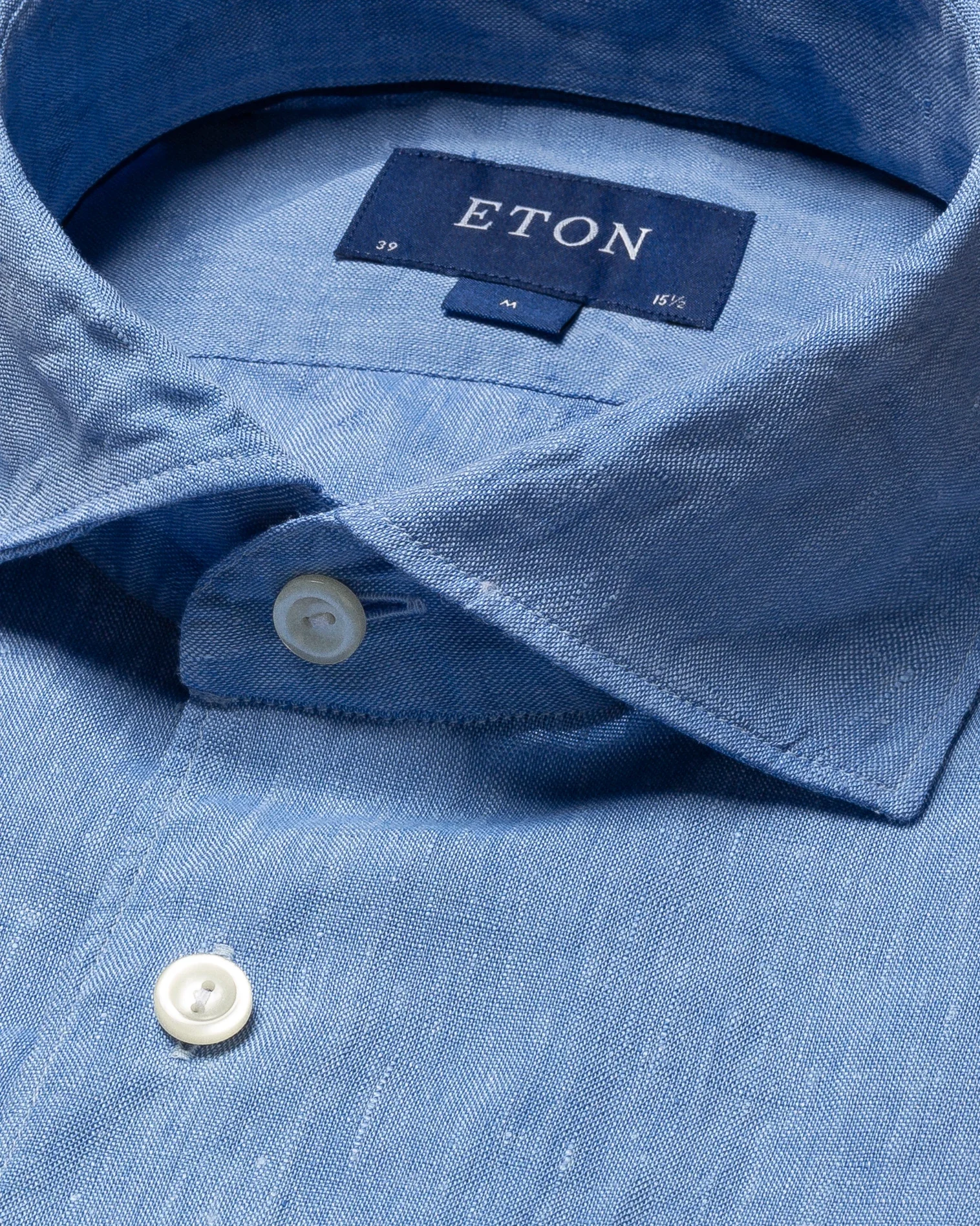 Eton - mid blue linen wide spread turn up short sleeve slim soft