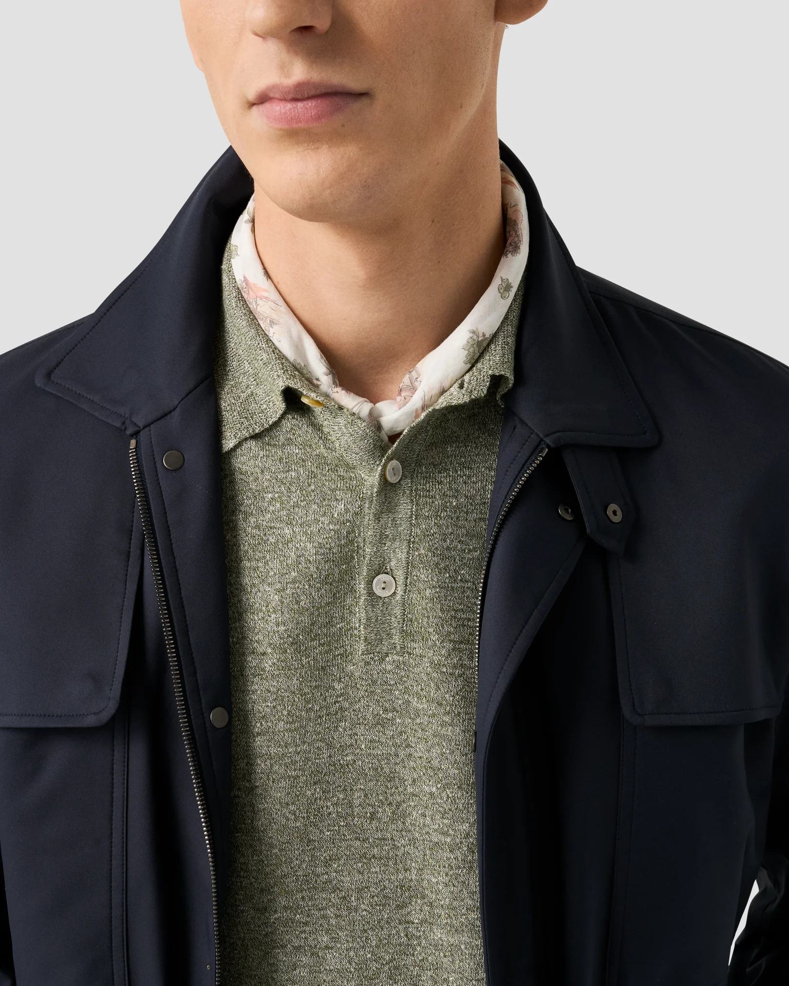 Eton - cotton linen fine knit polo shirt mid green