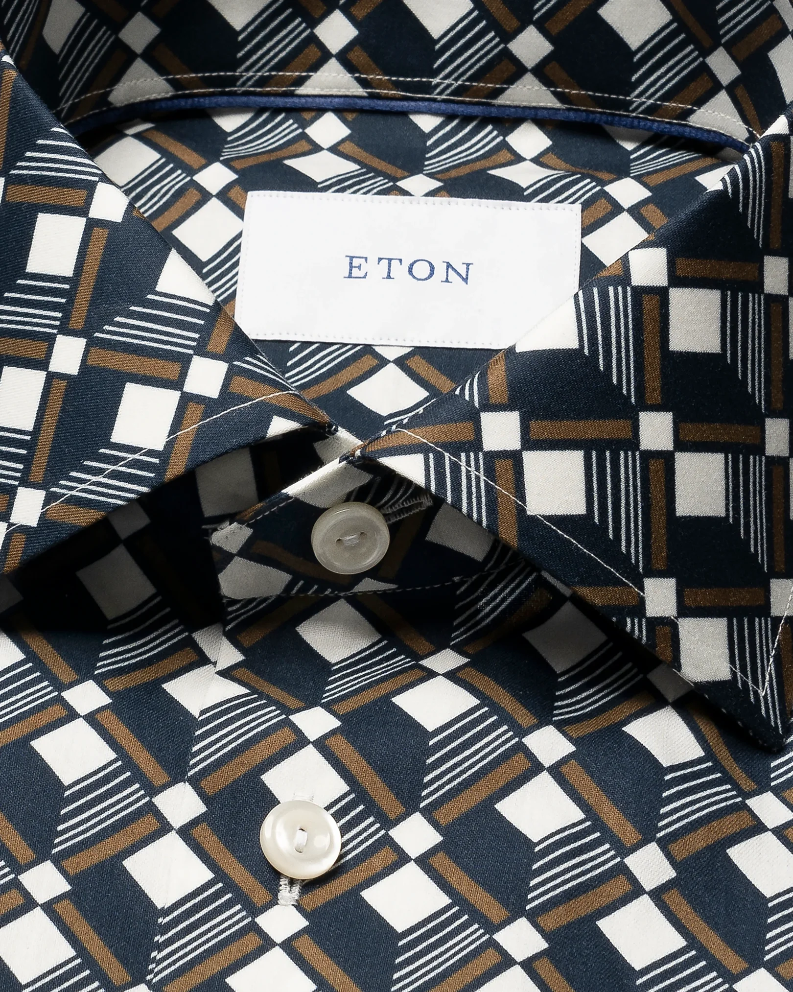 Eton - navy blue geometric print cotton tencel tm lyocell shirt