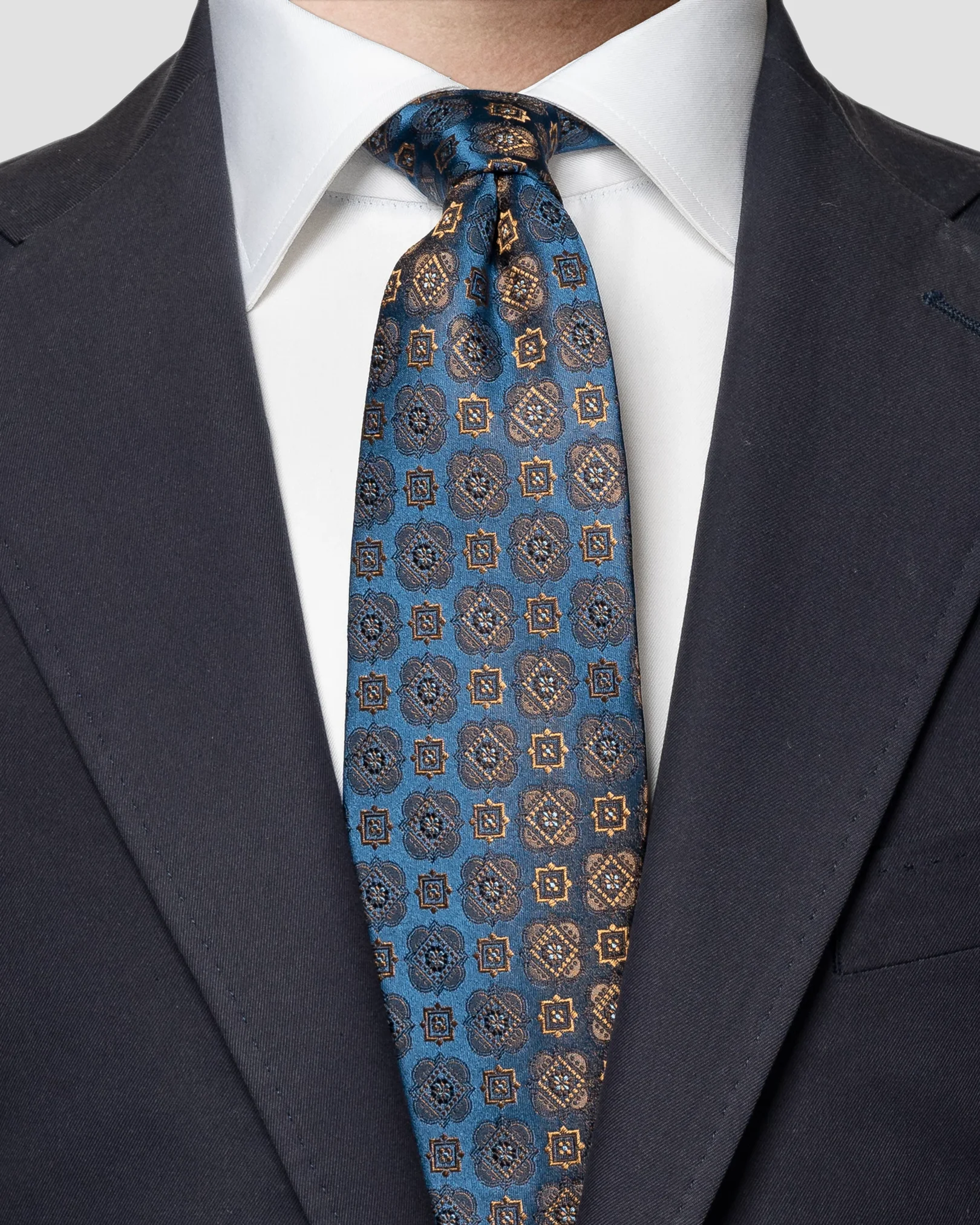 Navy Blue Silk Tie — Medallion Pattern - Eton
