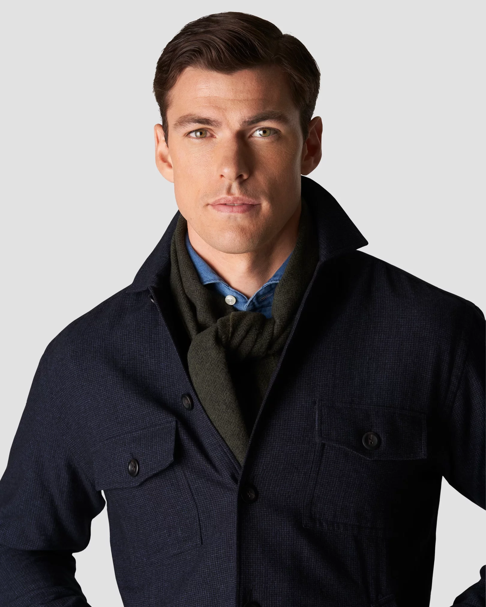 Eton - navy blue cotton wool cashmere collar with no collarstand single cuff pointed strap regular