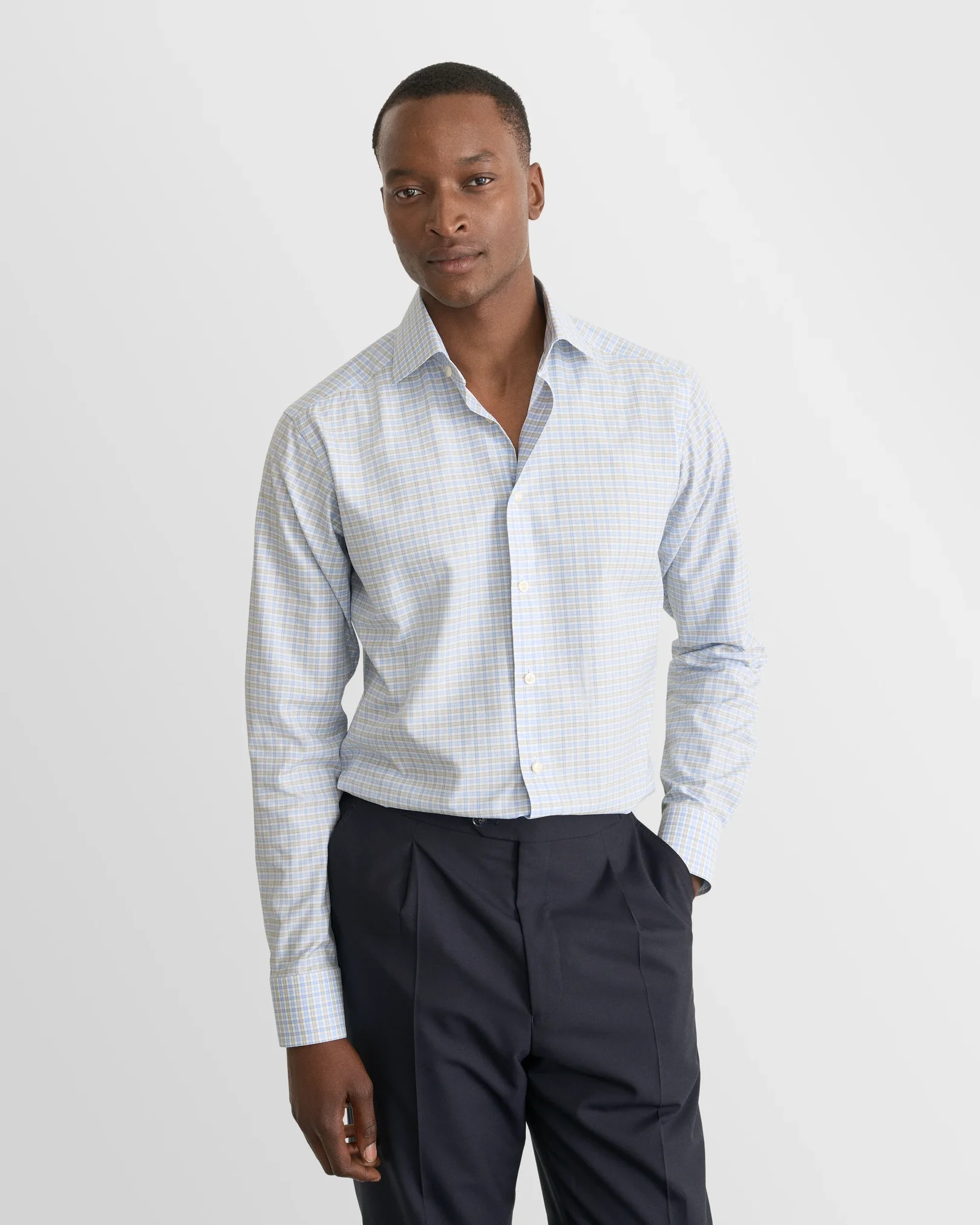Eton - light green checked fine twill shirt