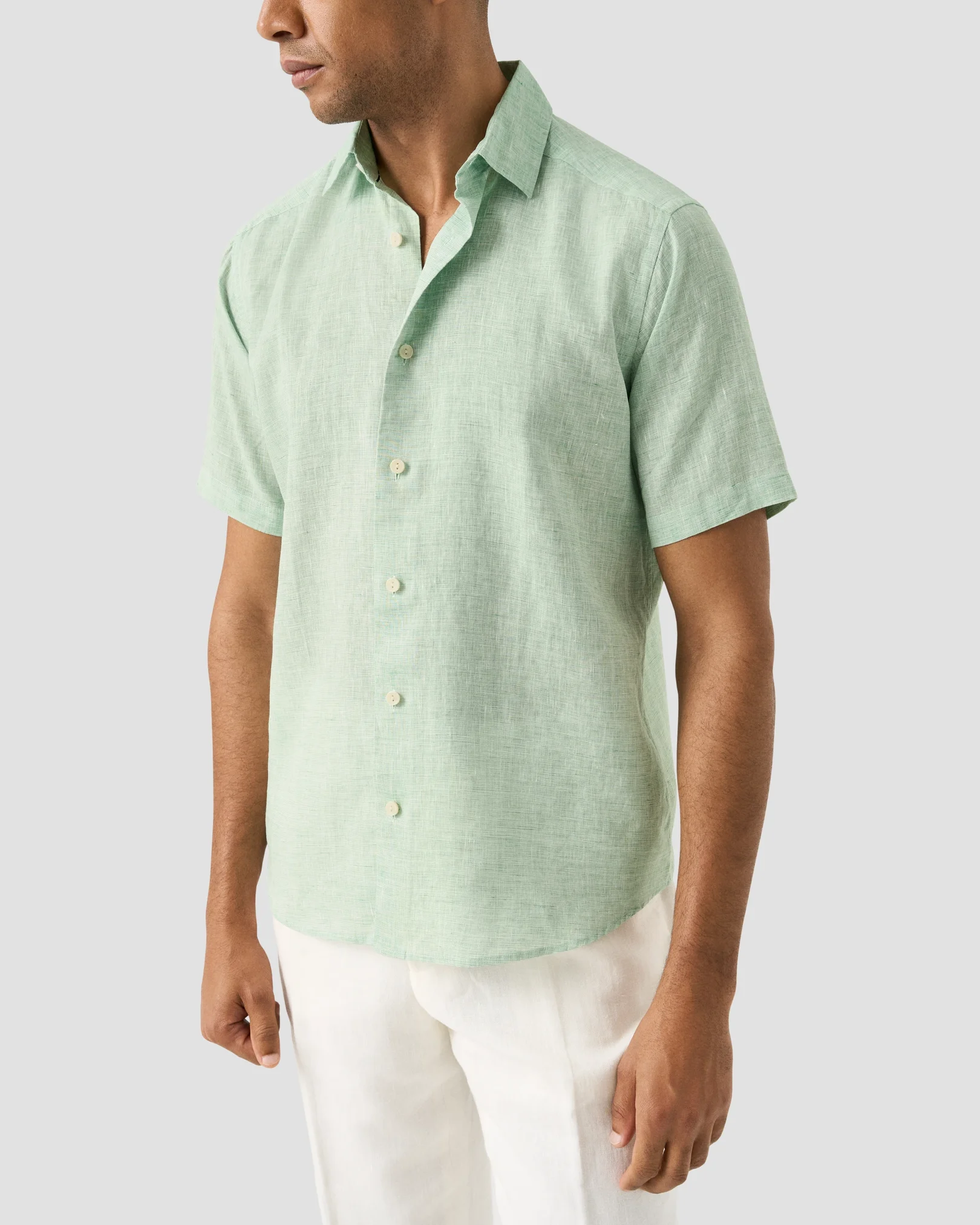Eton - mid green solid linen short sleeve shirt spread