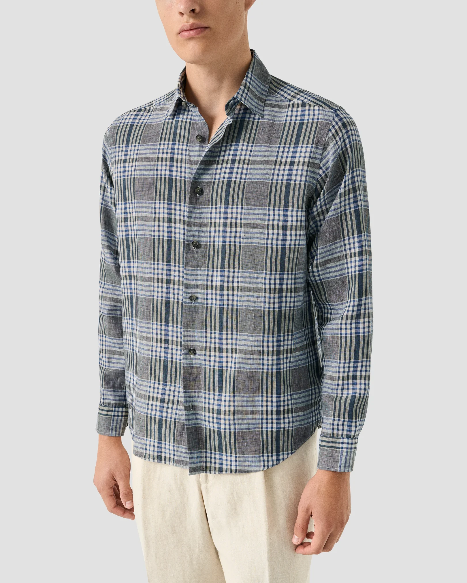 Eton - navy blue bold check linen shirt