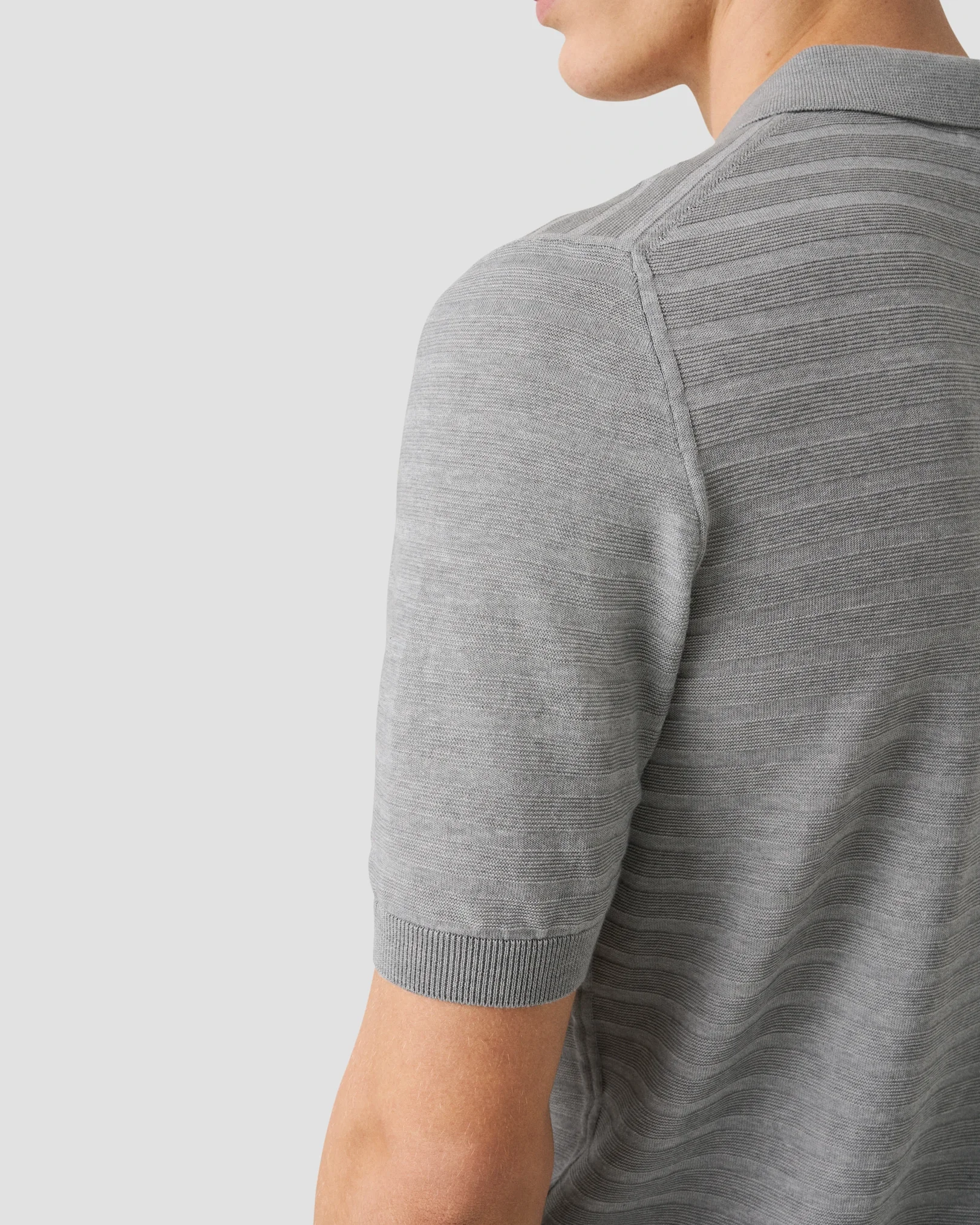 Eton - light grey horisontal striped fine knit polo shirt