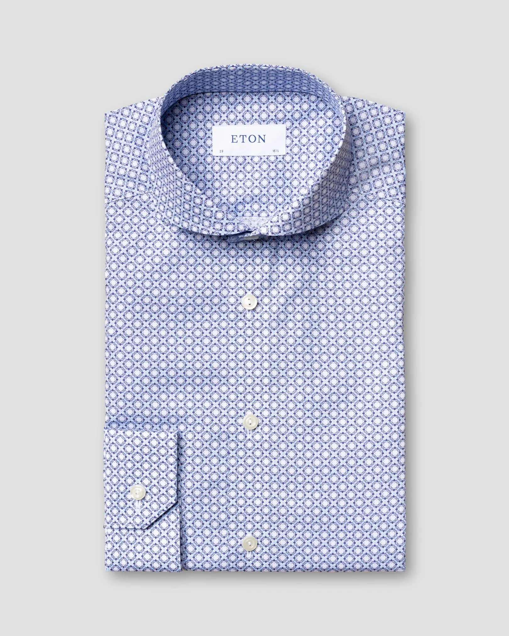 Eton - blue block print poplin shirt extreme cut away
