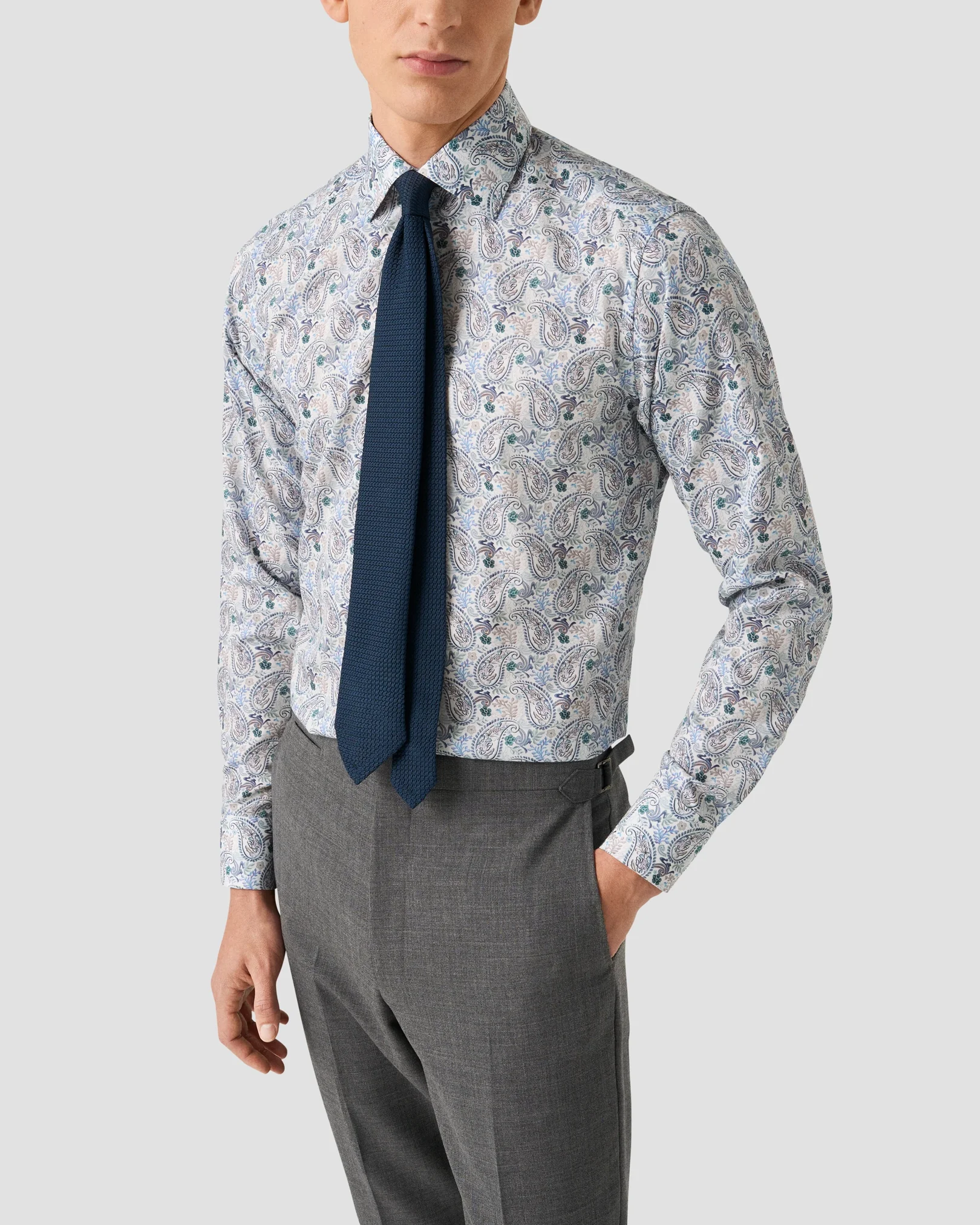 Eton - mid blue motif cotton and tencel tm lyocell shirt