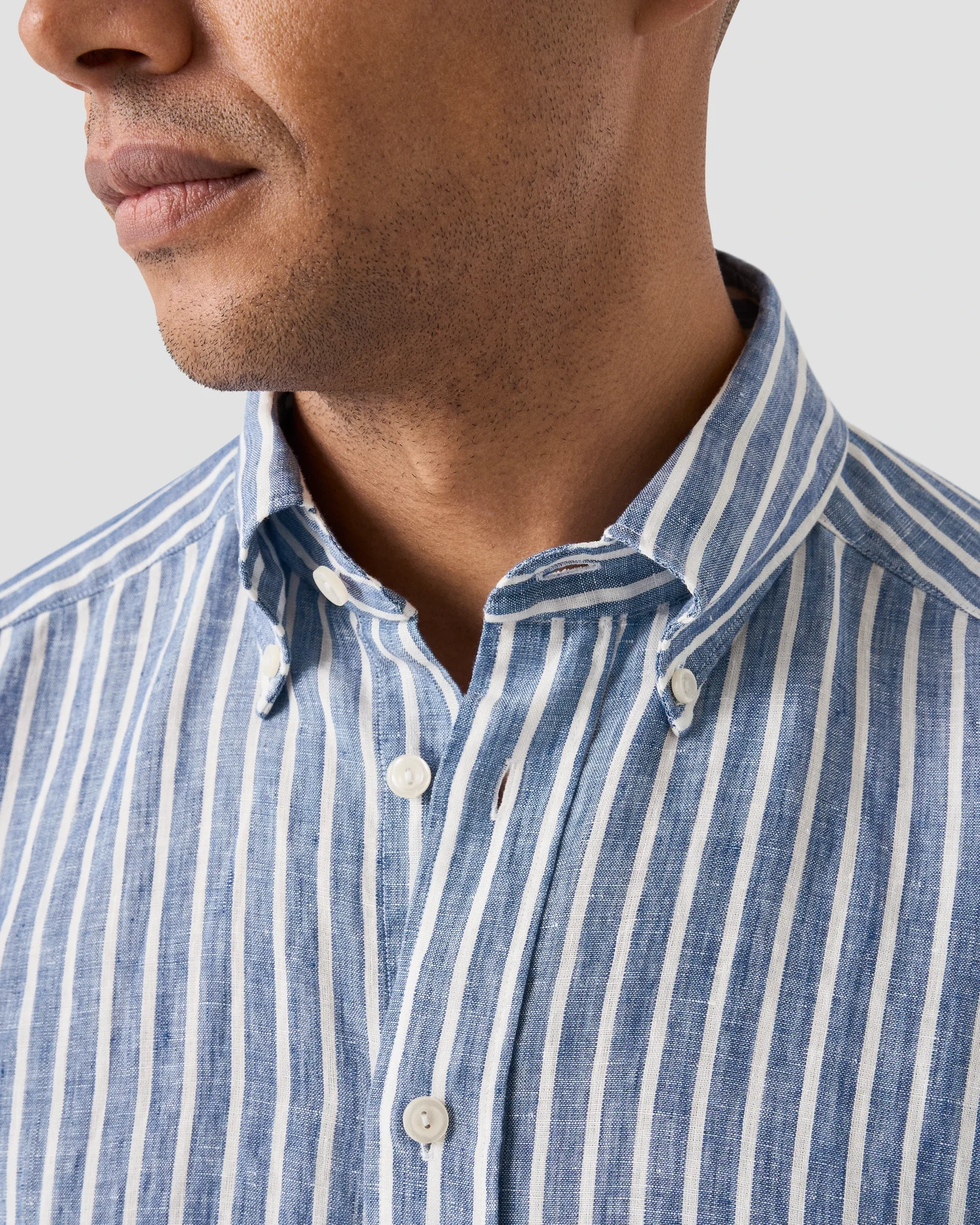 Eton - mid blue striped linen shirt button 251