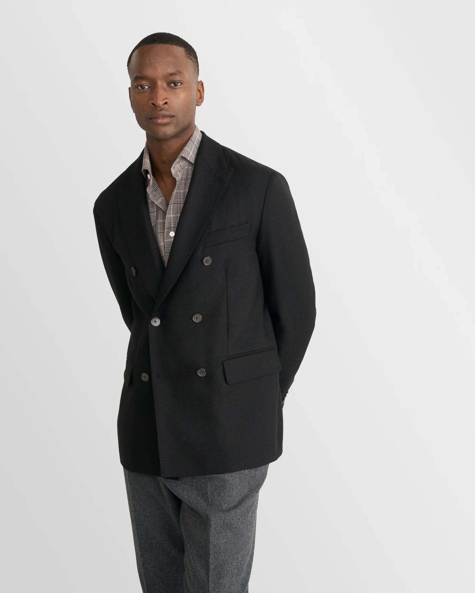 Eton - dark brown plaid check cotton silk cashmere shirt