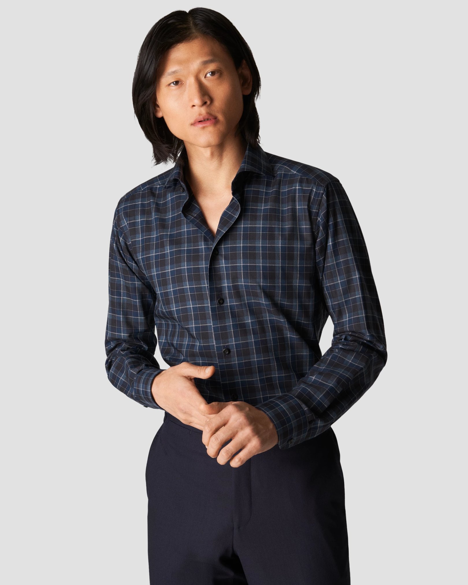 Eton - navy blue flannel shirt wide spread