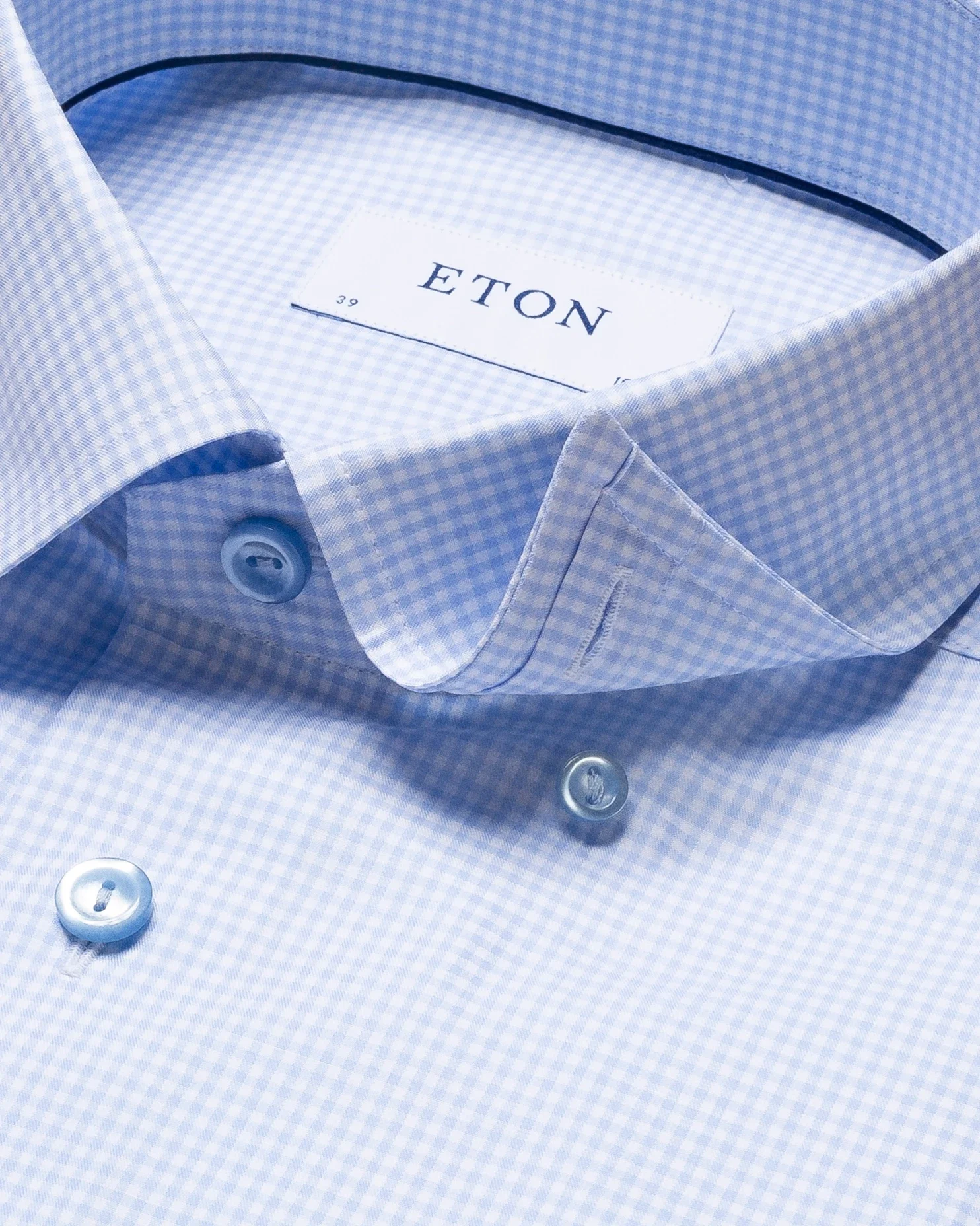 Eton - light blue checked fine twill shirt button under single