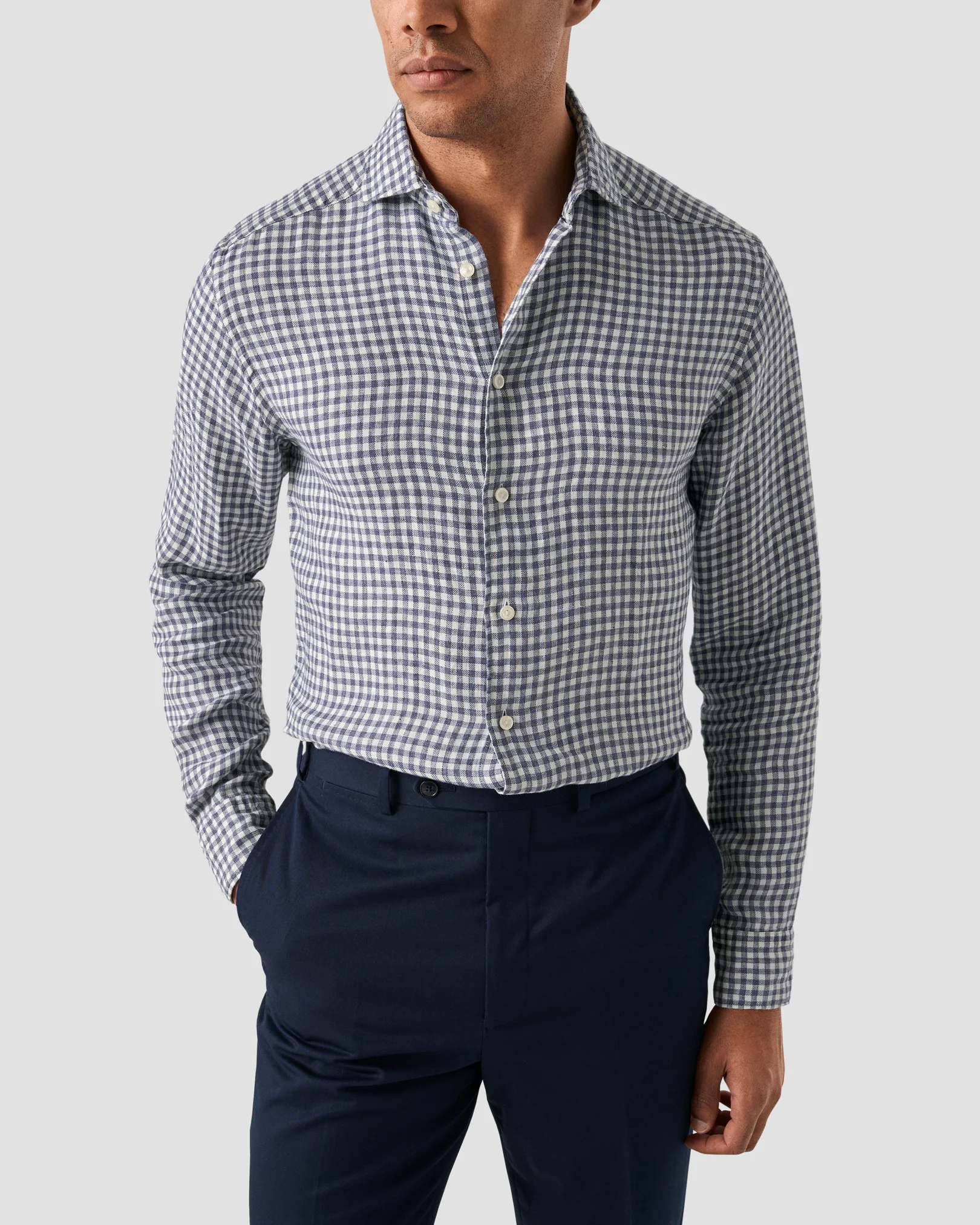 Eton - dark blue checked linen twill shirt