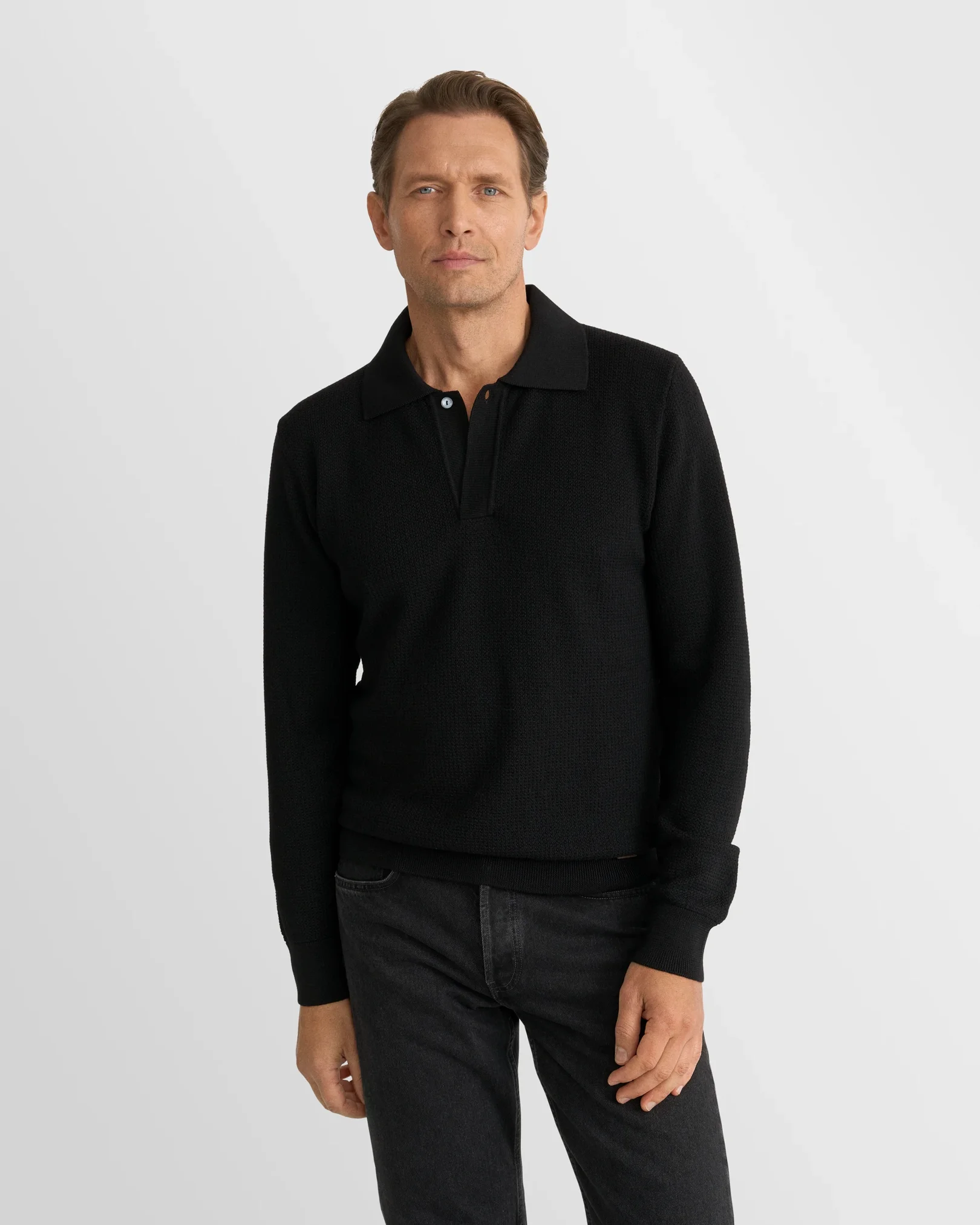 Eton - black merino structure ls polo shirt