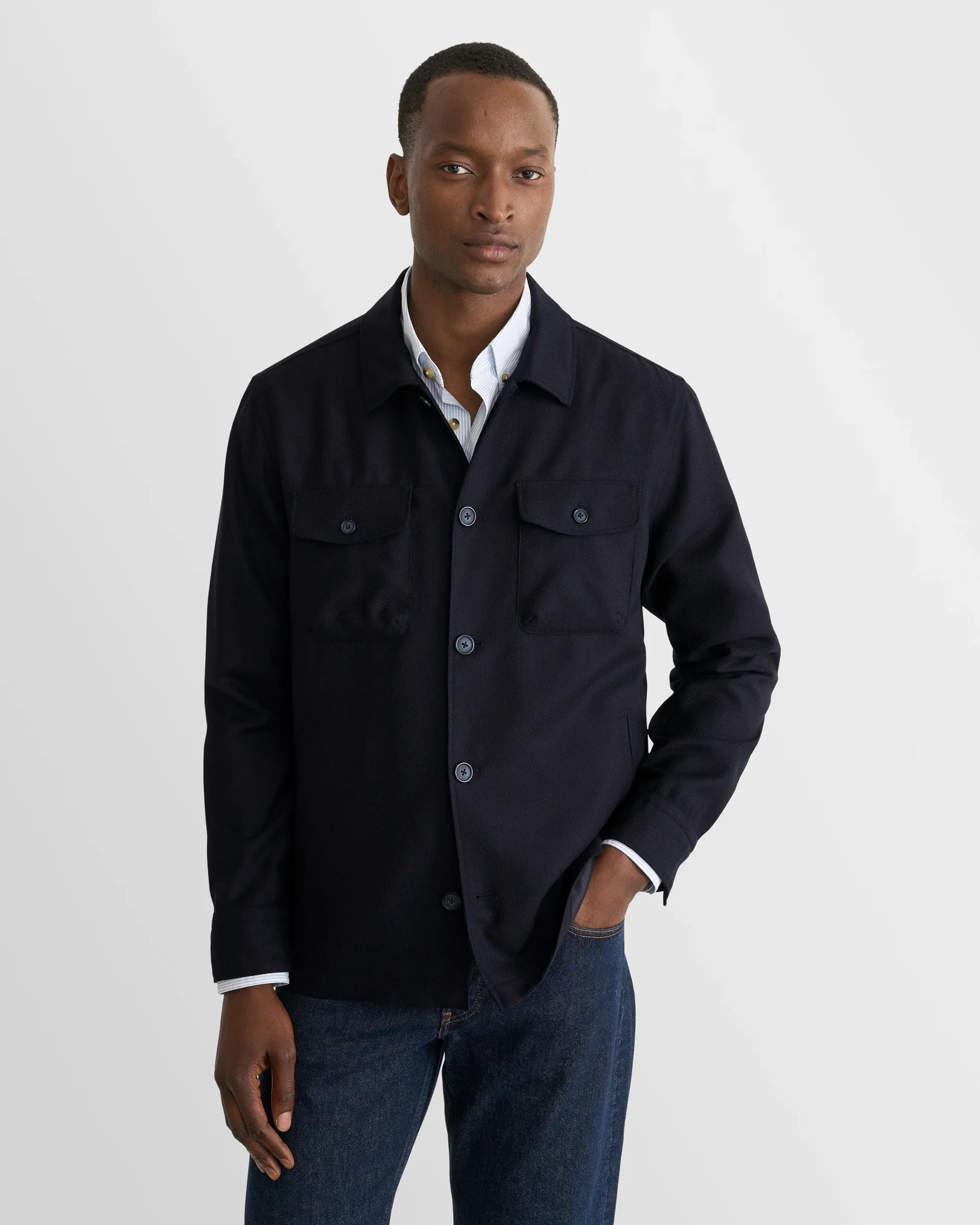 Eton - navy blue wool hopsack shirt jacket