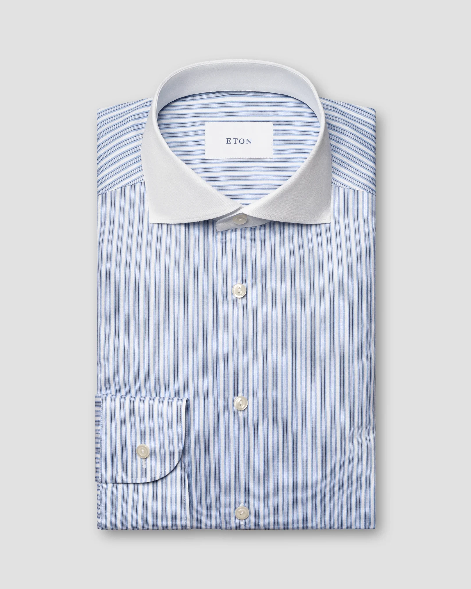 Eton - mid blue white collar striped signature twill shirt