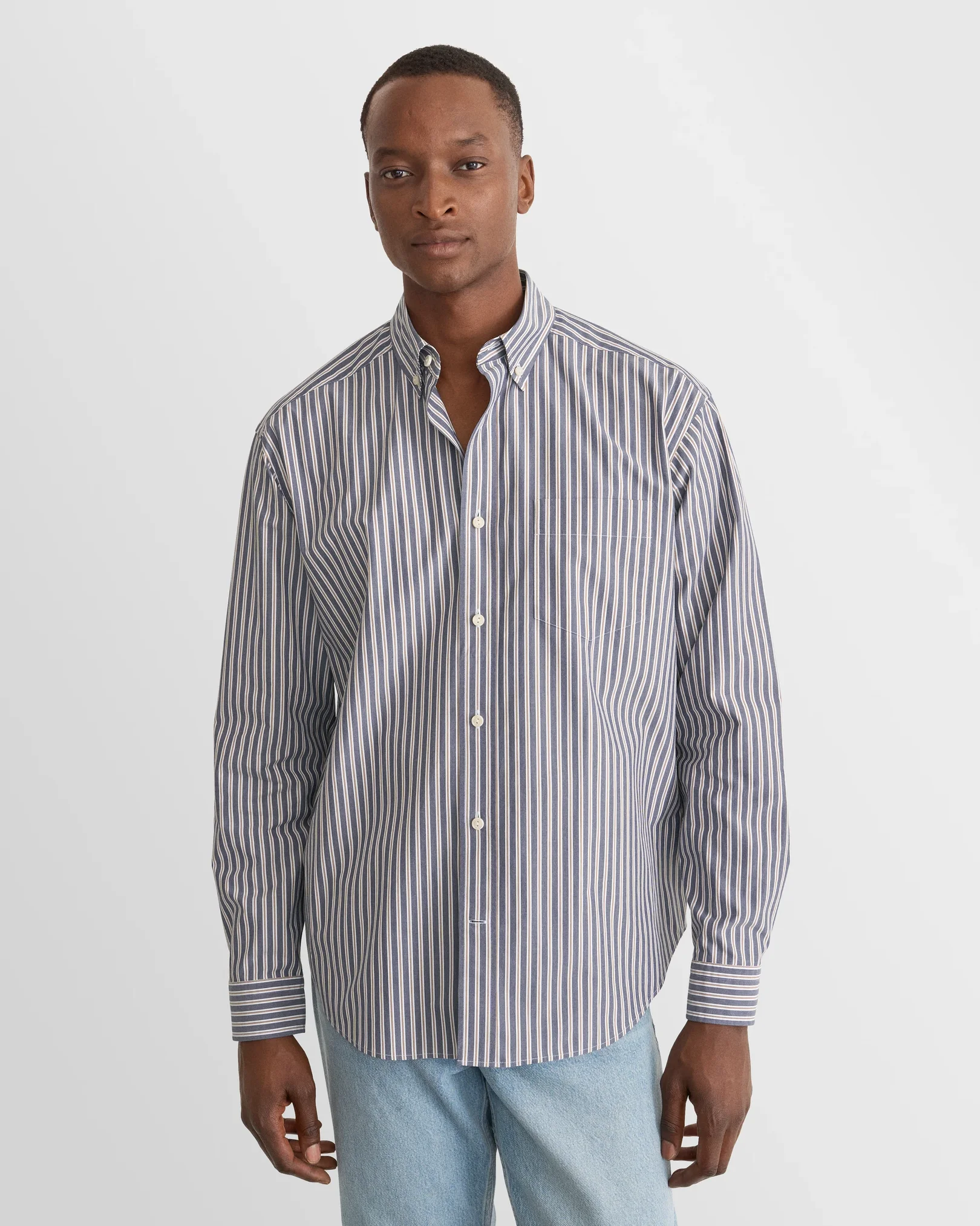 Eton - navy blue striped peached poplin shirt