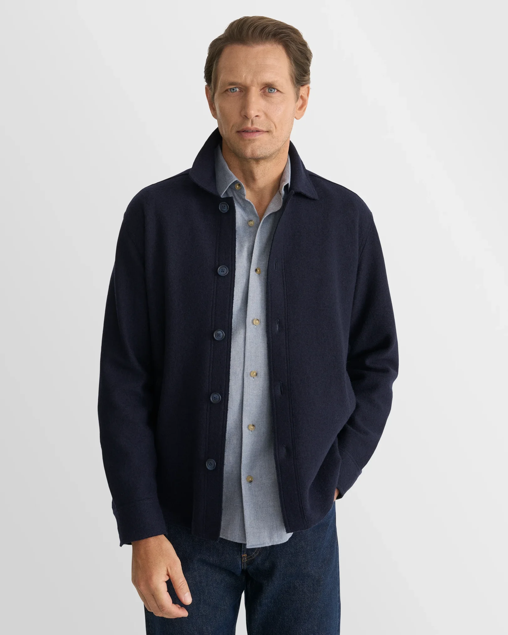 Eton - navy blue boiled wool cotton shirt jacket