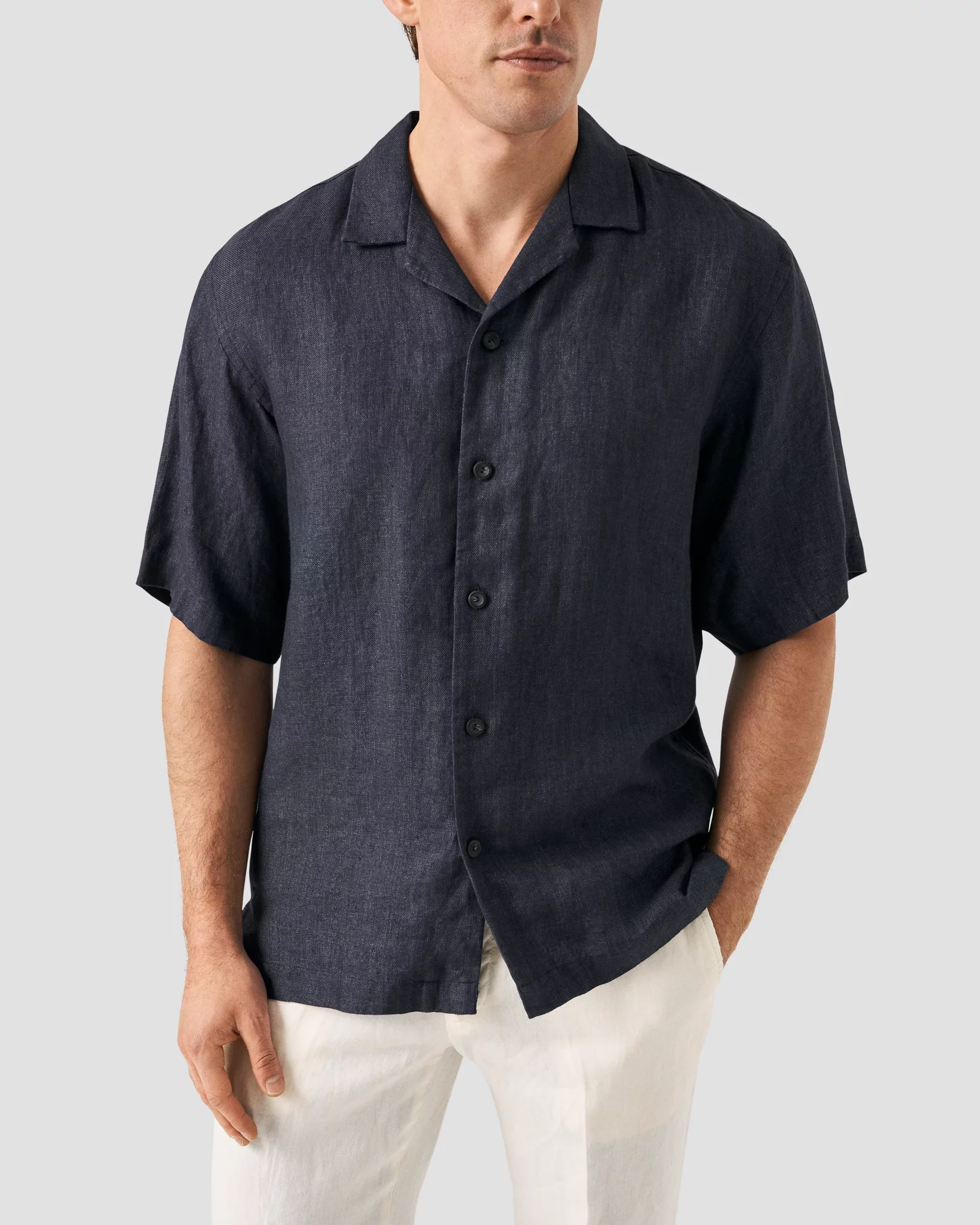Navy Heavy Linen Resort Shirt - Eton