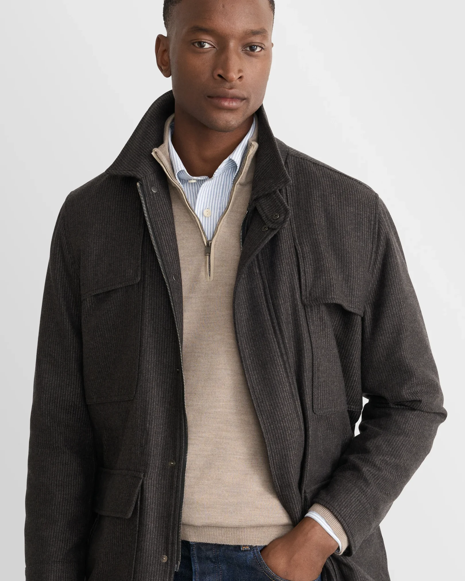Eton - beige merino quarter zip knit sweater