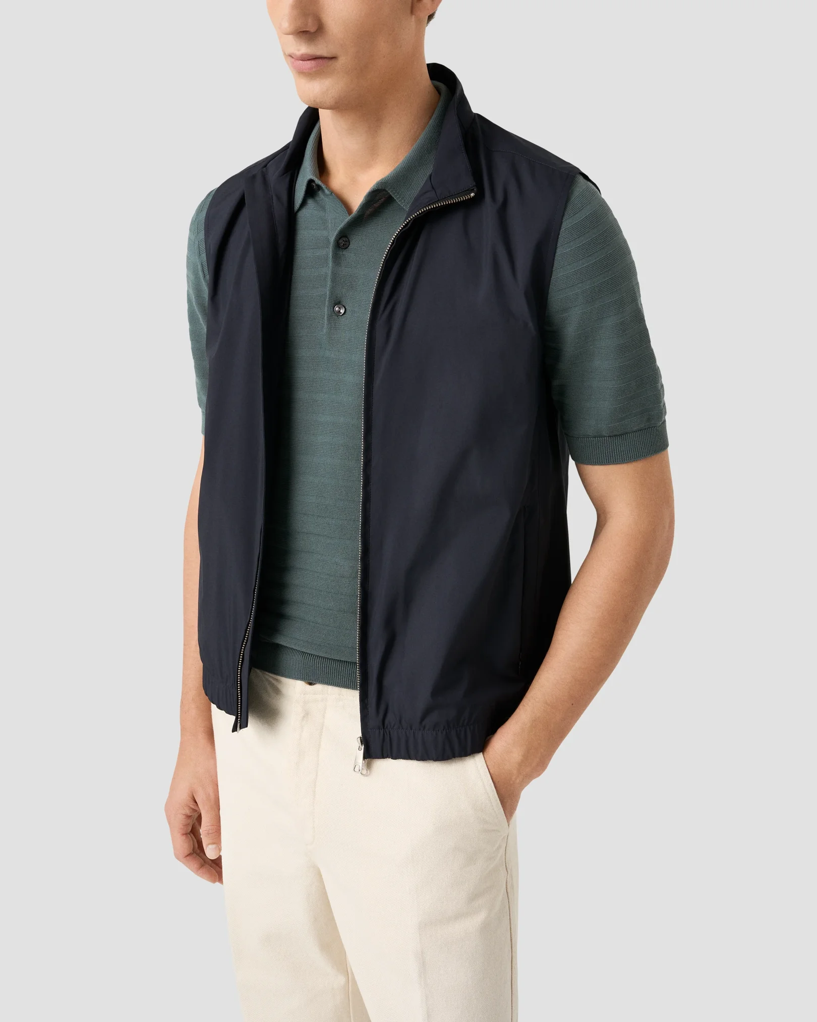 Eton - mid green horisontal striped fine knit polo shirt