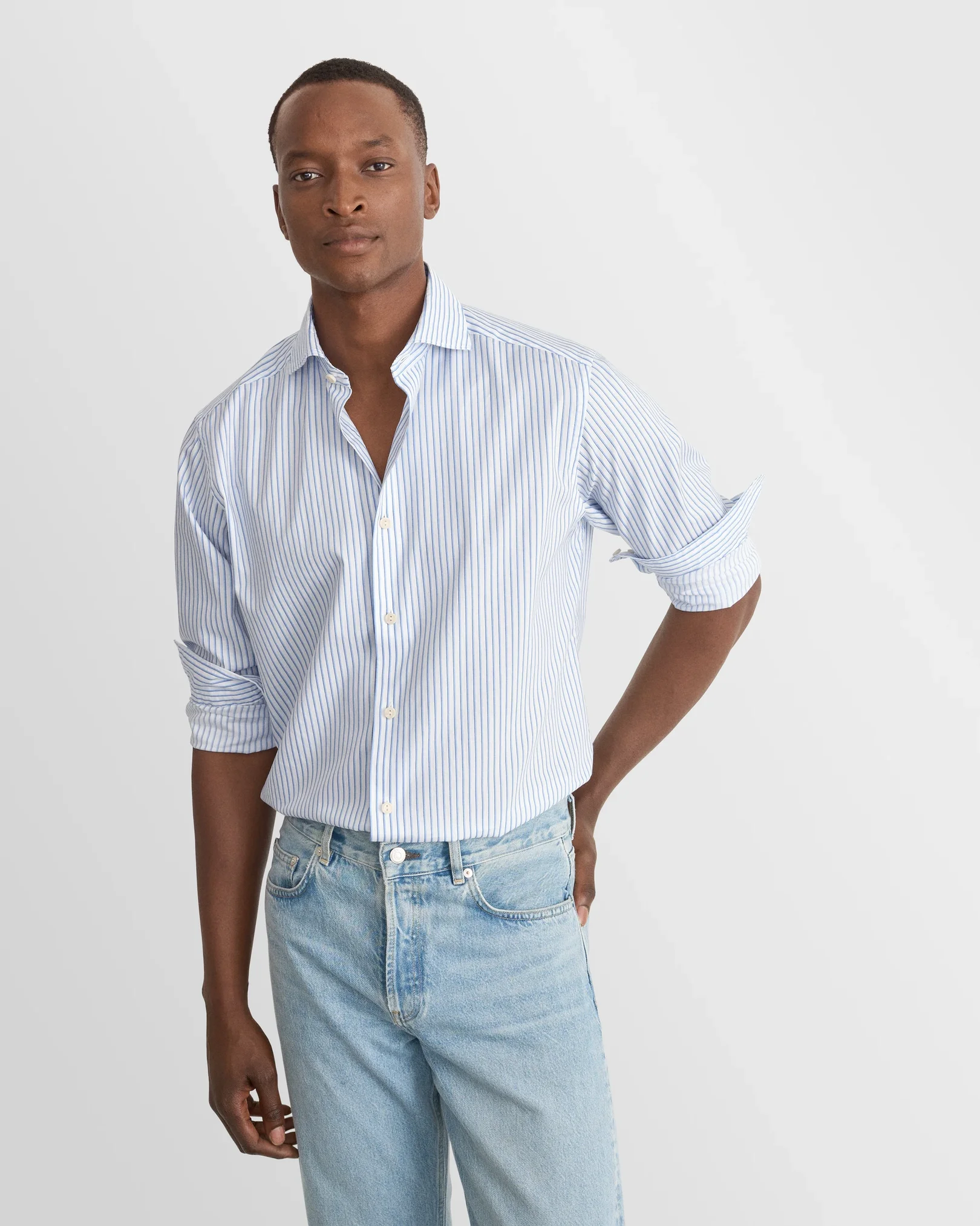 Eton - mid blue striped oxford shirt wide spread 268