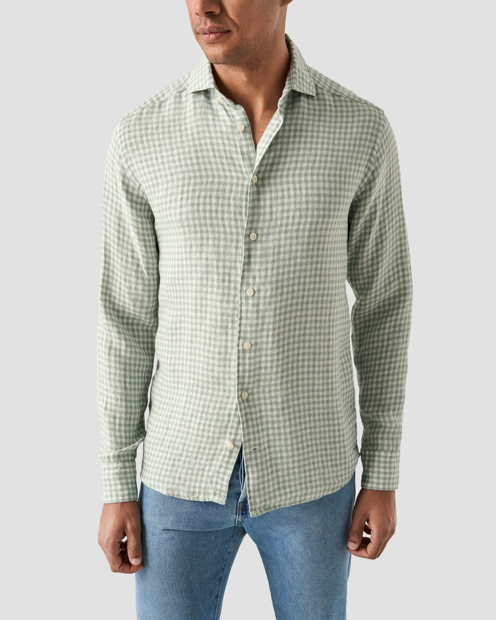 Eton - mid green checked linen twill shirt