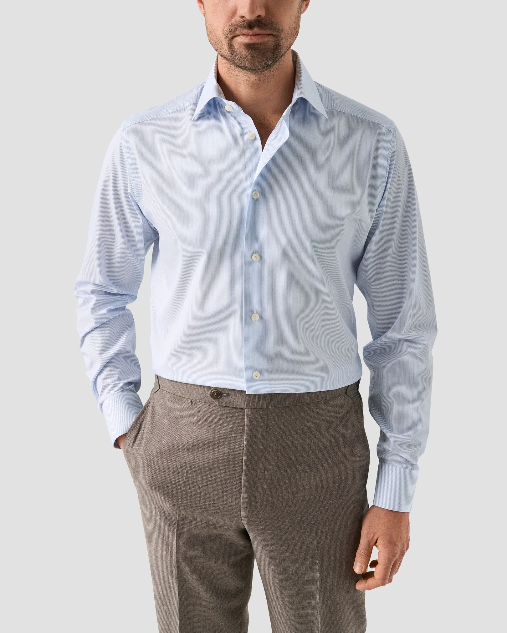 Eton - light blue striped fine twill shirt cut away single slim