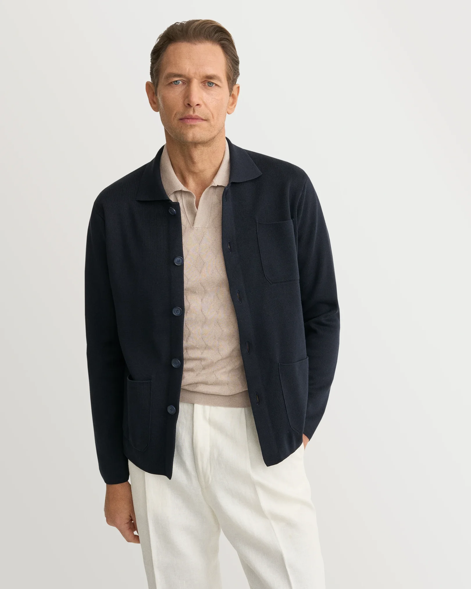 Eton - beige cotton and silk open collar fine knit