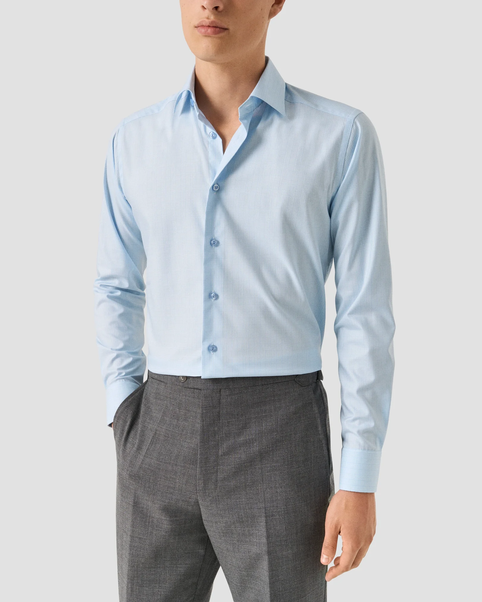 Eton - light blue check cotton tencel tm lyocell shirt