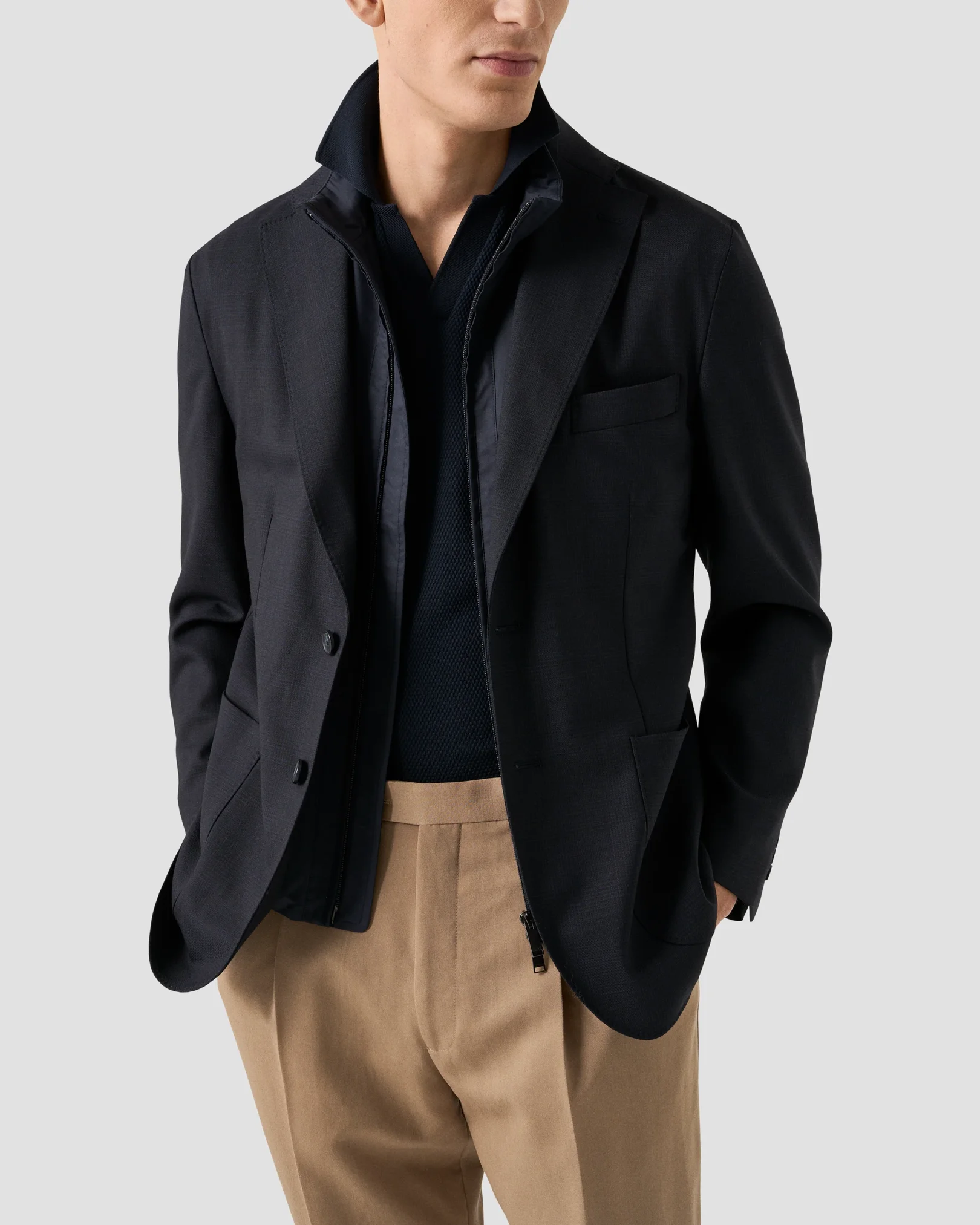 Eton - navy waffle open collar polo shirt