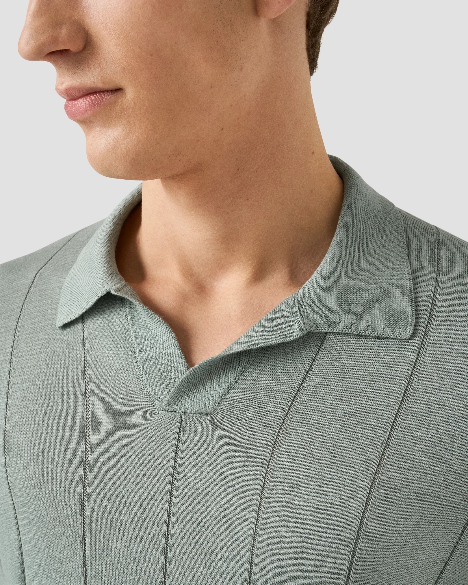 Eton - light green cotton and silk open collar fine knit polo shirt