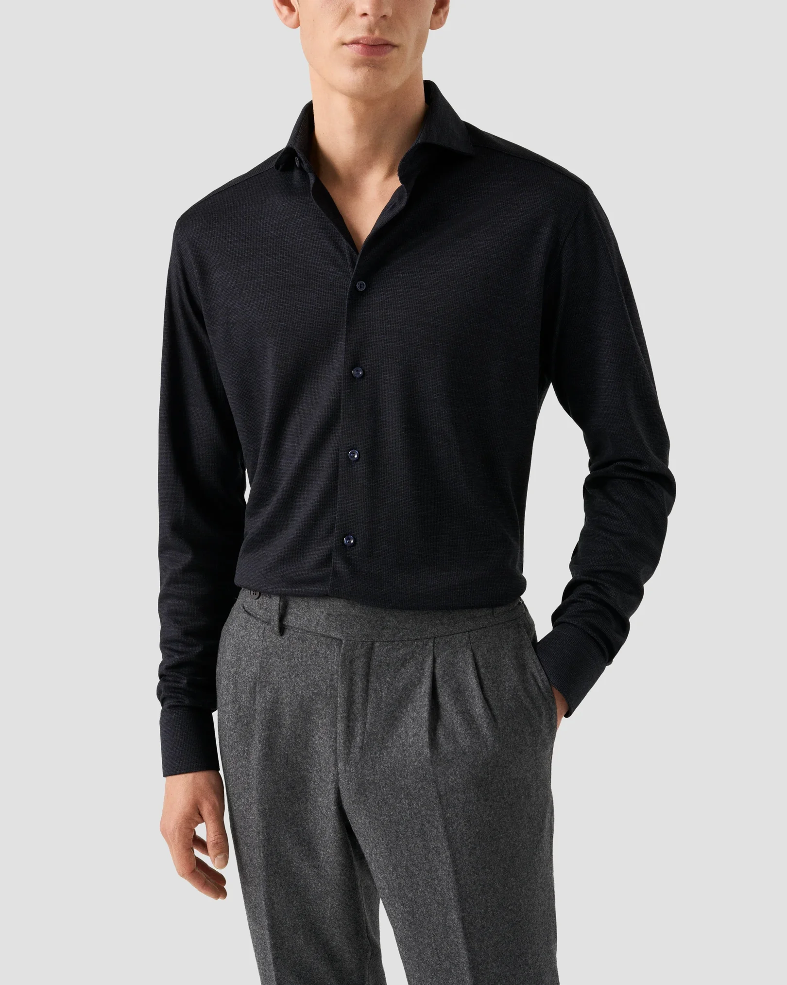 Eton - navy blue tencel and wool knitted shirt