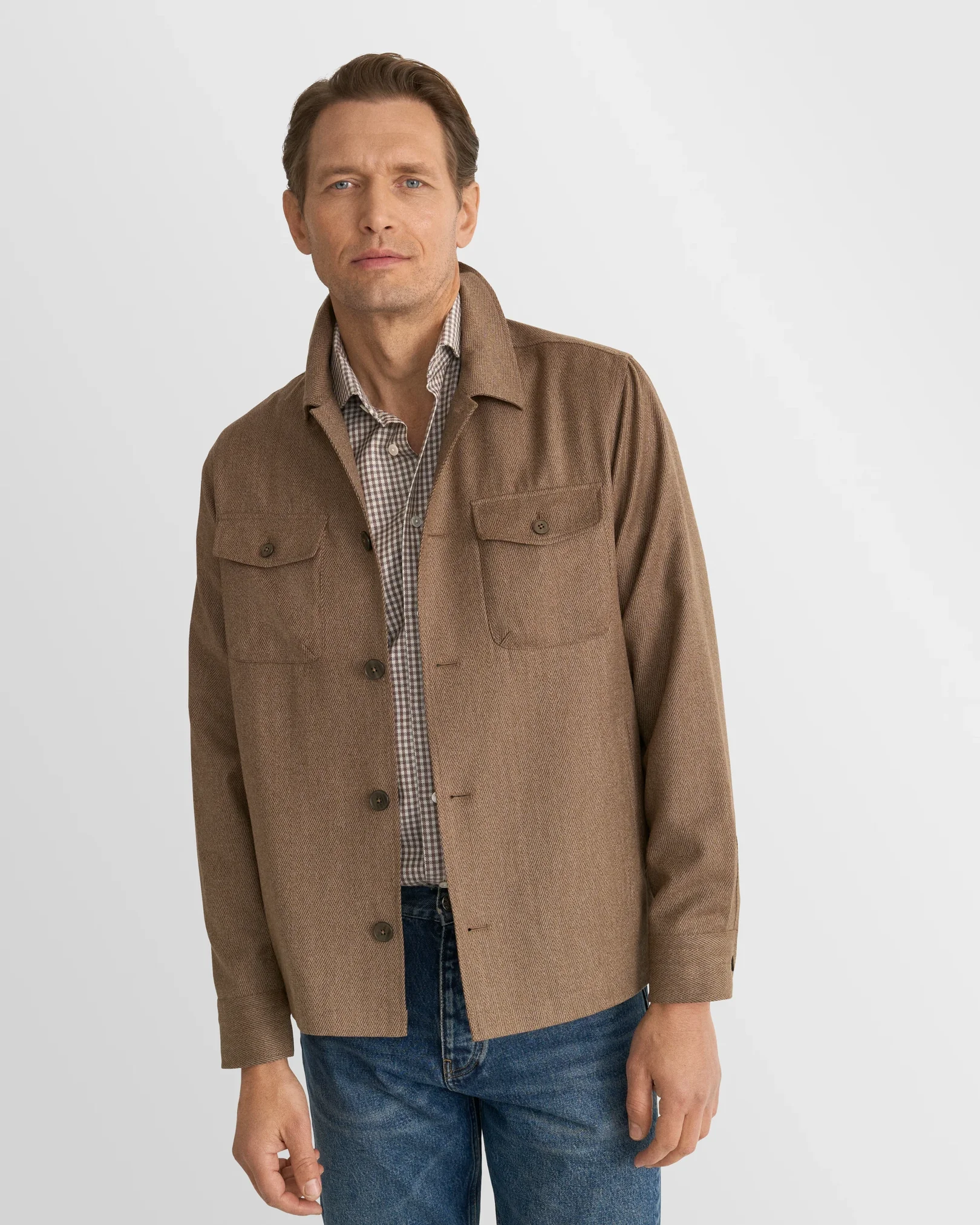 Eton - dark brown check cotton silk cashmere shirt