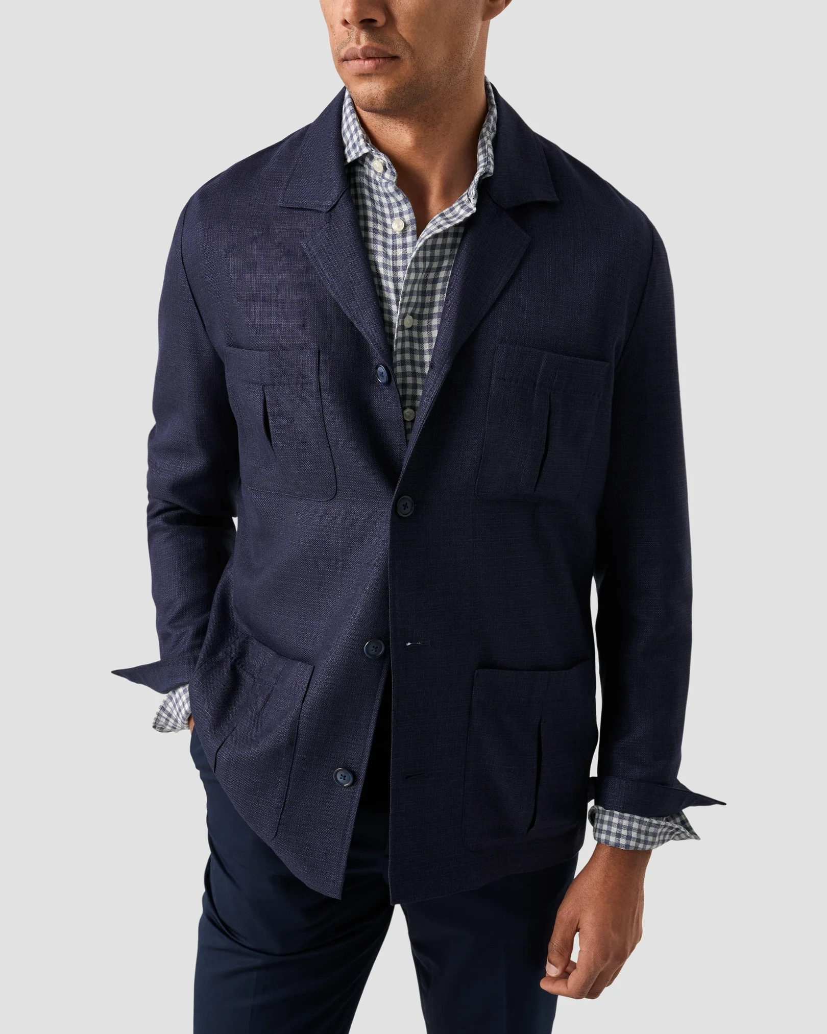 Eton - dark blue checked linen twill shirt
