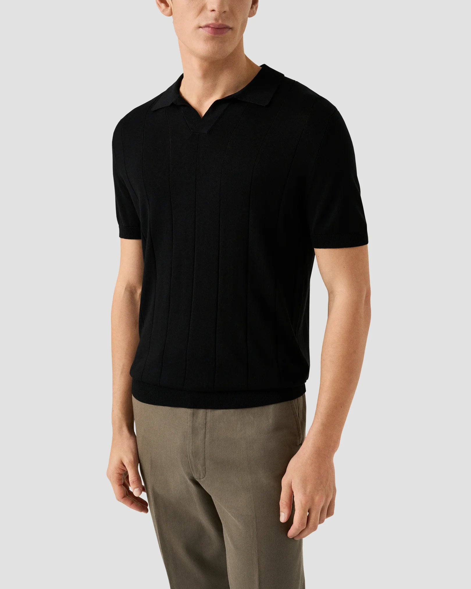 Eton - black cotton and silk open collar fine knit polo shirt