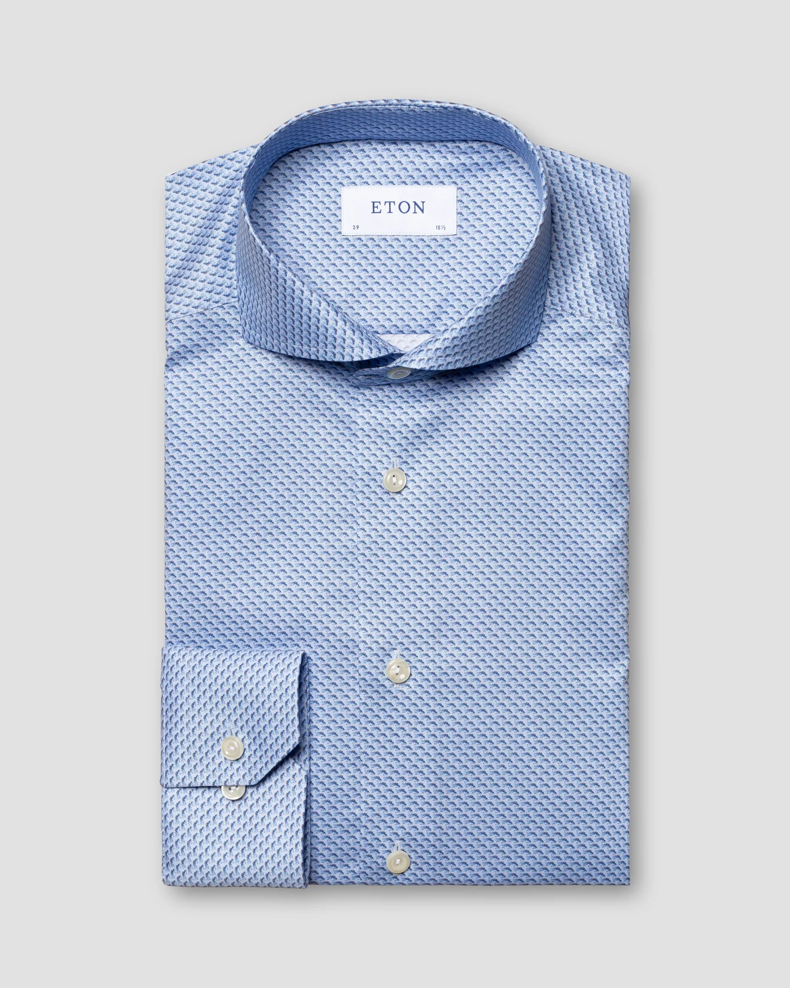 Eton - blue fish print twill shirt extreme cut away