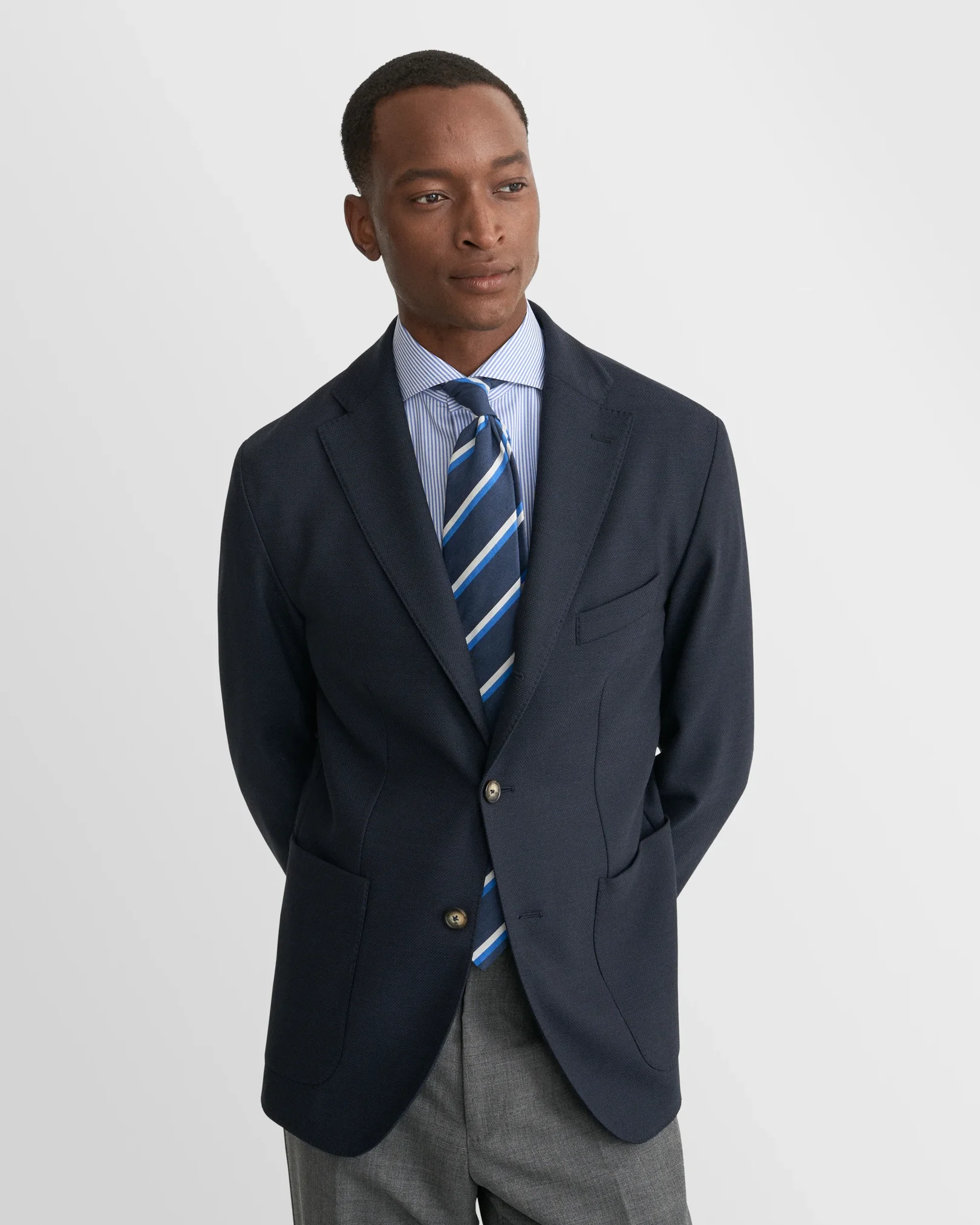 Eton - striped mid blue twill extreme cut away