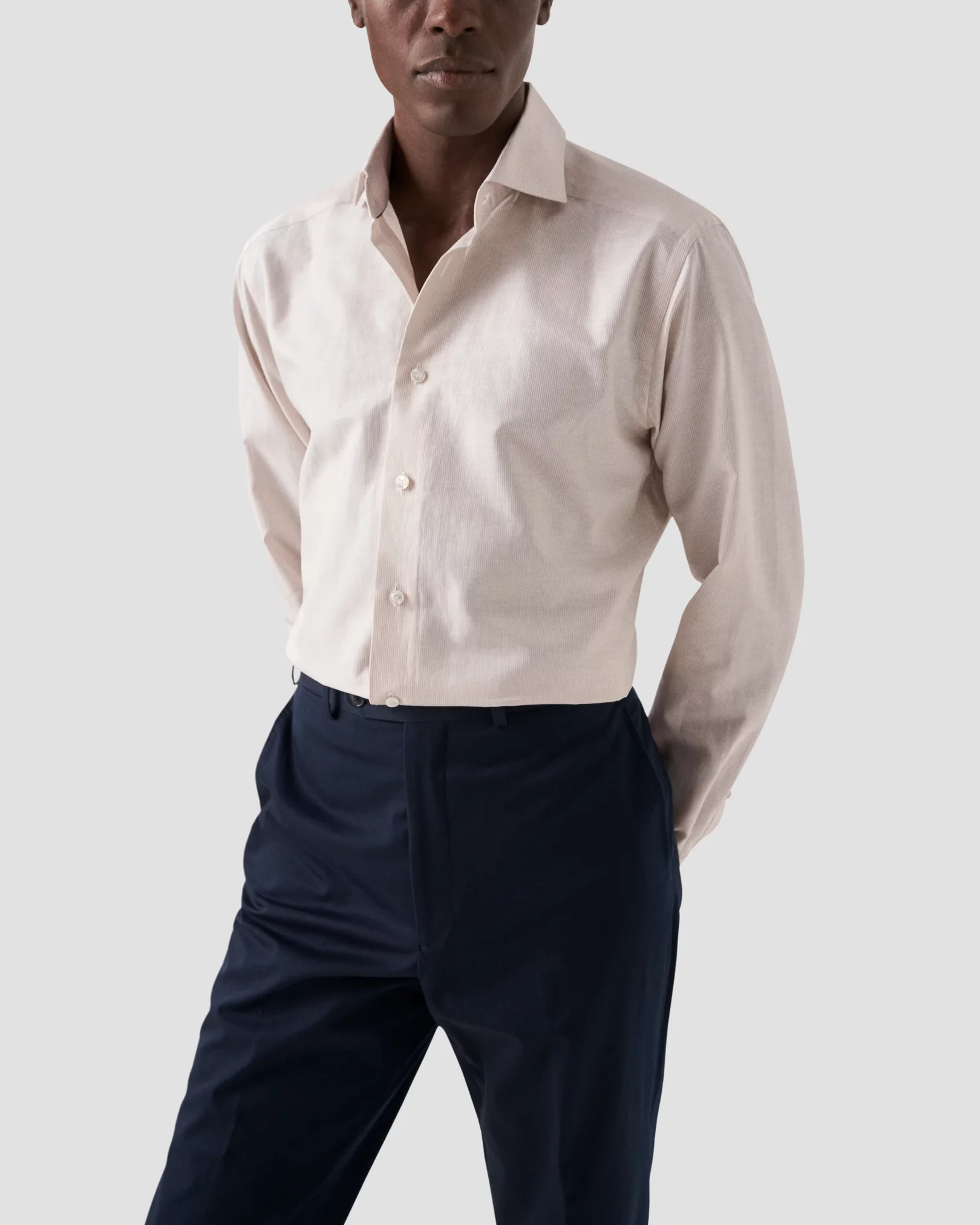 Eton - Light Brown Striped Wrinkle Free Cotton Linen Shirt