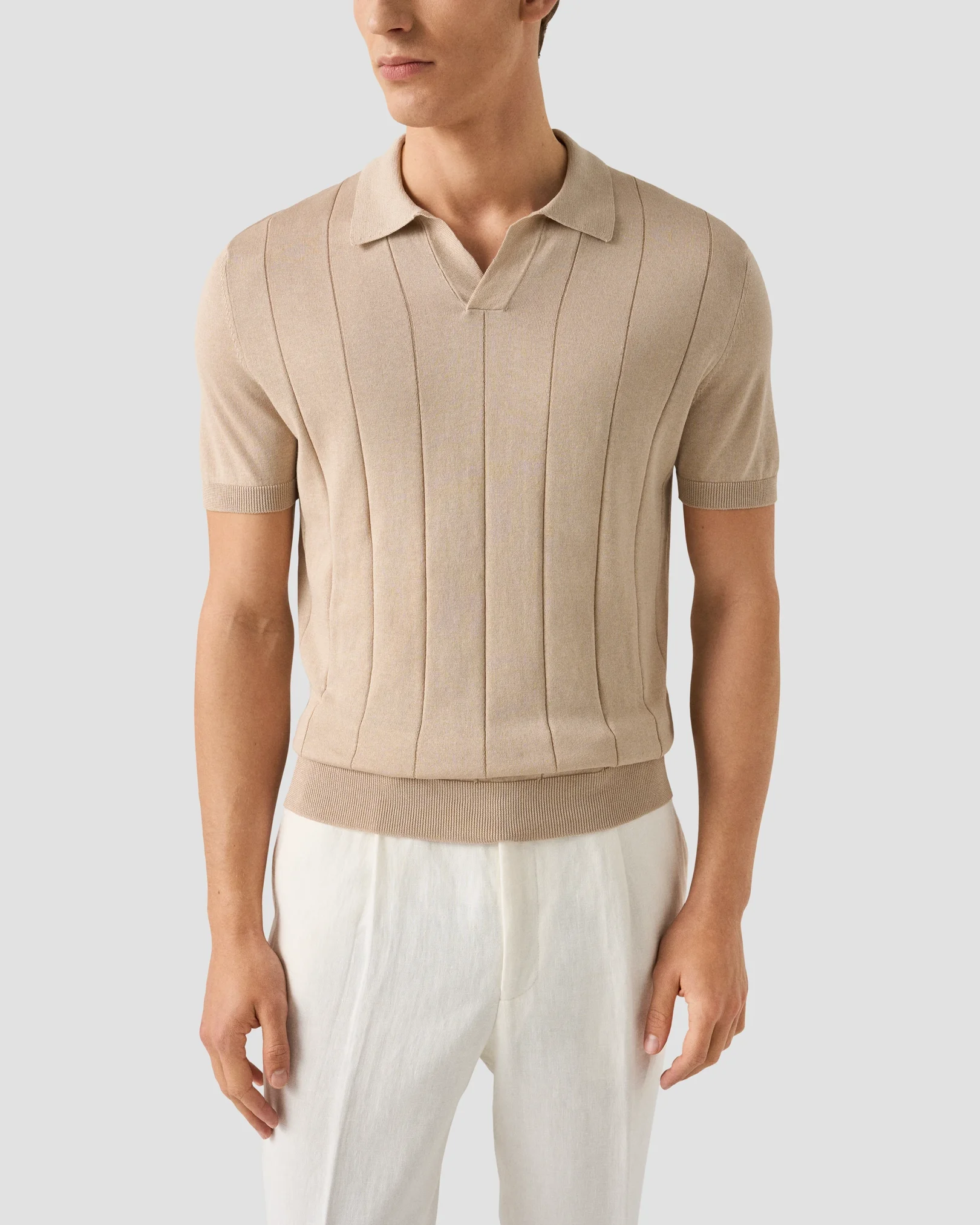 Eton - beige cotton and silk open collar fine knit polo shirt