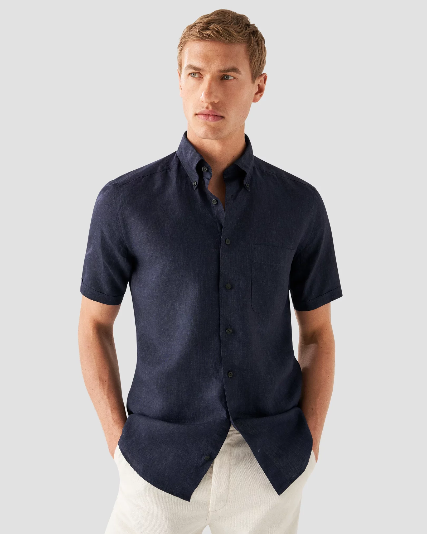 Navy Linen Shirt - Short Sleeve - Eton